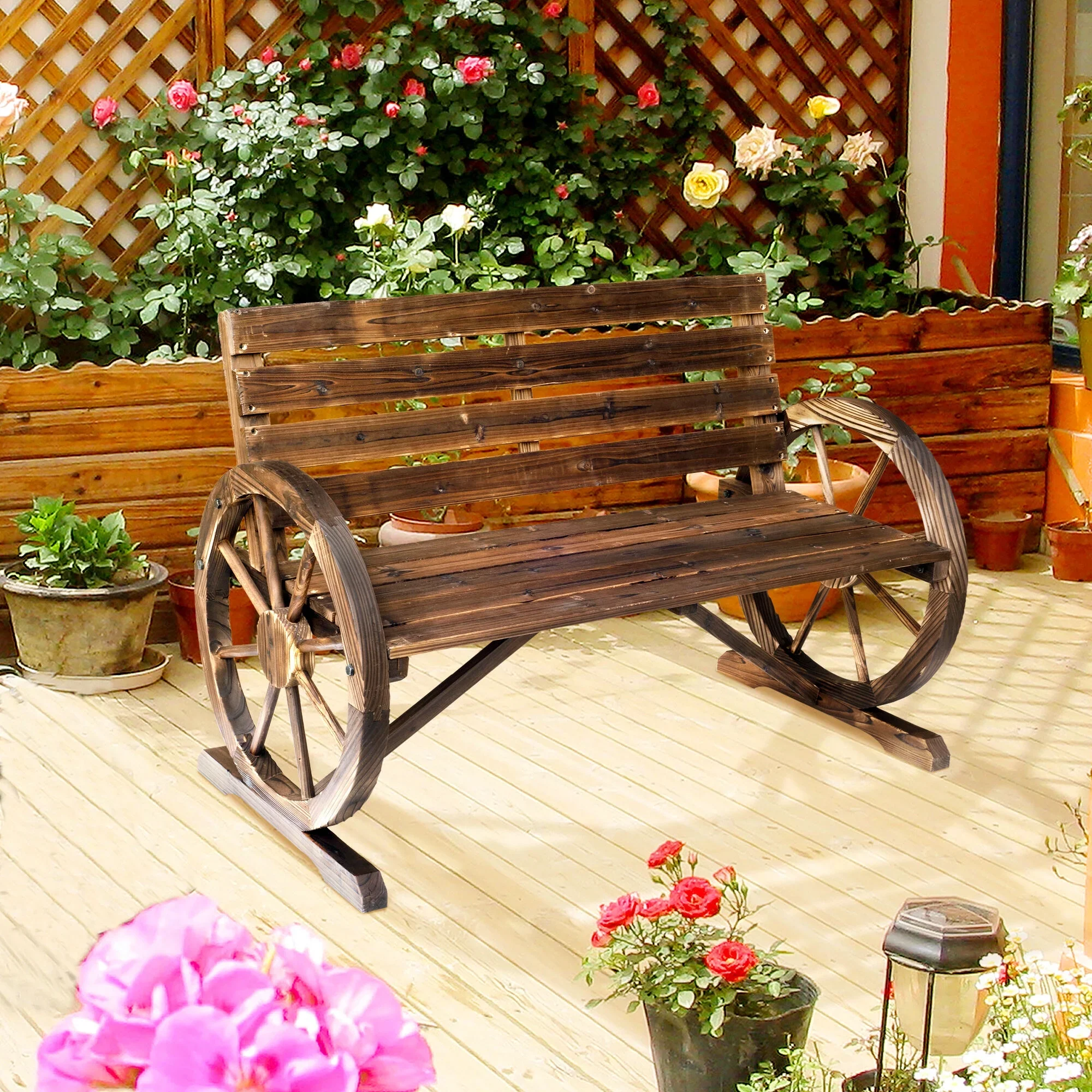 DUOSONG Outsunny 41 Wooden Wagon Wheel Bench, Rustic Outdoor Patio Weather Resistance Furniture, 2-Person Slatted Seat Bench With Backrest, Carbonized Brown Wood Garden & Outdoor Outdoor & Patio