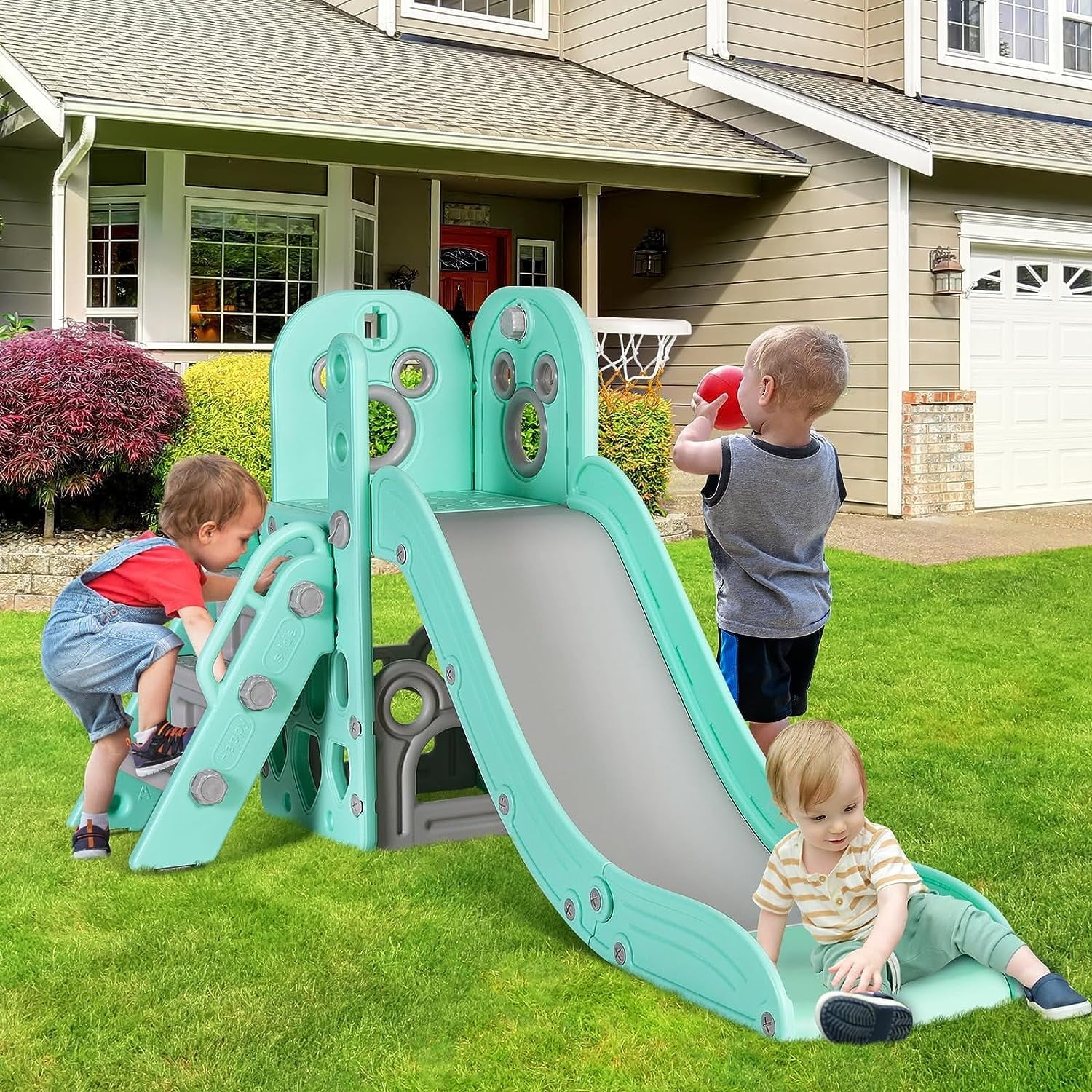 LAZY BUDDY Sturdy Kids Slide, 4 in 1 Toddler Slide and Climber Playset with Basketball Hoop & Storage Space, Non - Slip Steps, Indoor Outdoor Toys for Boys Girls