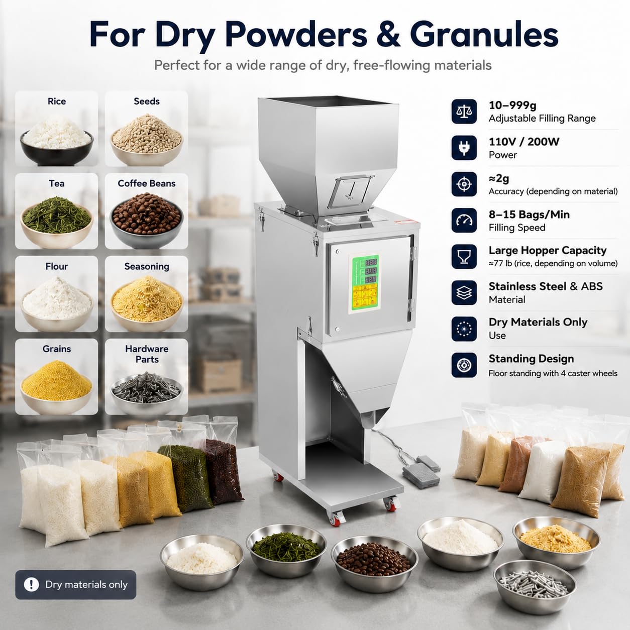 10-999g Powder Filling Machine, 110V 200W Granule Filler | Digital Weighing Control, Foot Pedal Operation