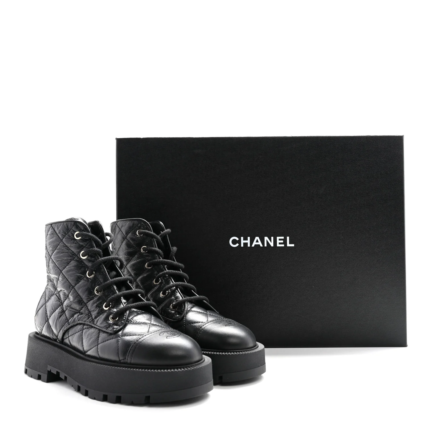 Crumpled Lambskin Quilted Platform Lace Up Combat Boots 39 Black