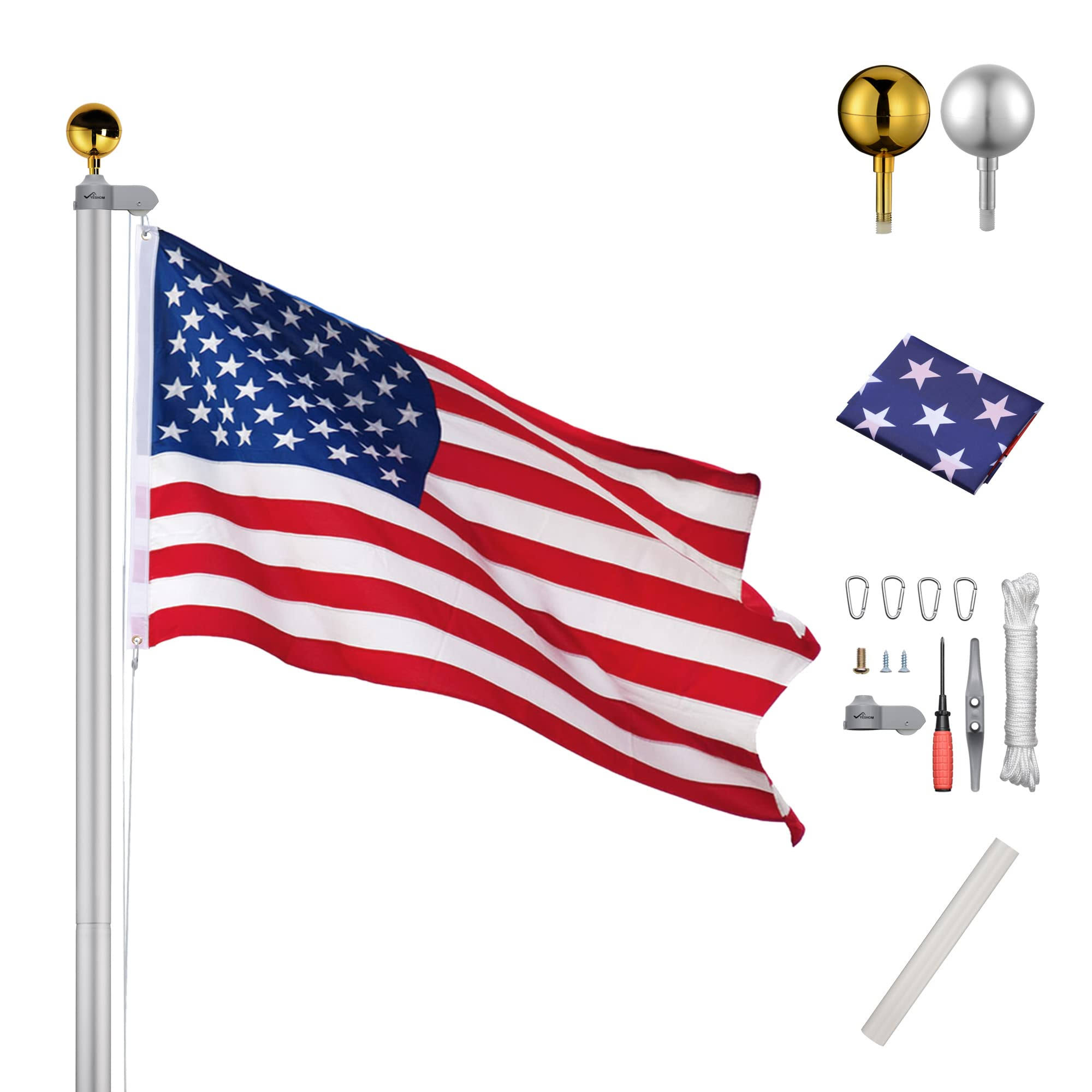 Yeshom 20ft Aluminum Sectional Flagpole Kit Free US American Flag Outdoor Halyard Pole