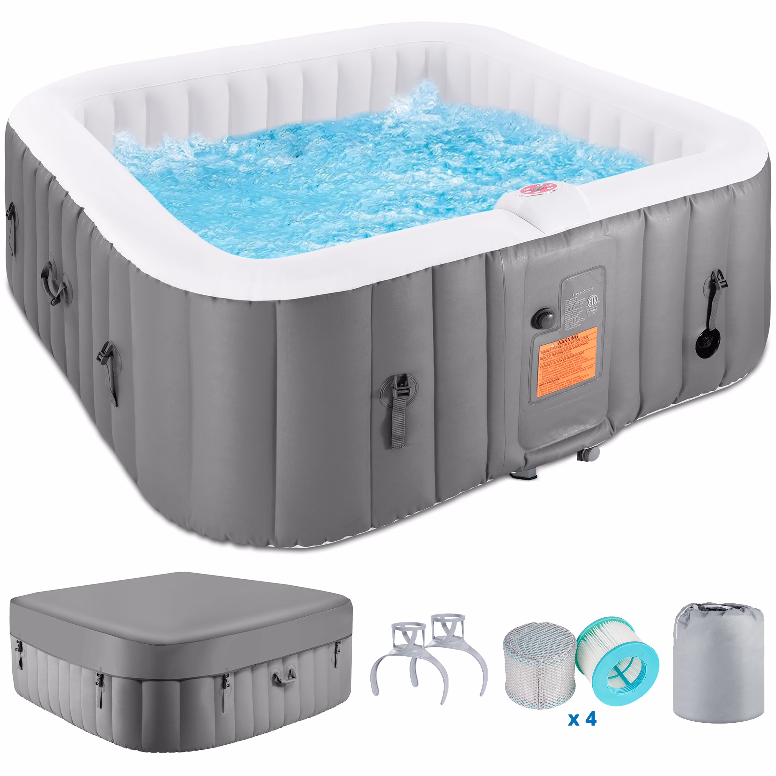 73 inch 4 6 Person Inflatable Hot Tub Spa with Control Panel, Outdoor Portable Hottub with 130 Jets, Insulated Tub Cover and Floor Protector, Temperature up to 104��F, Gray(Gray)