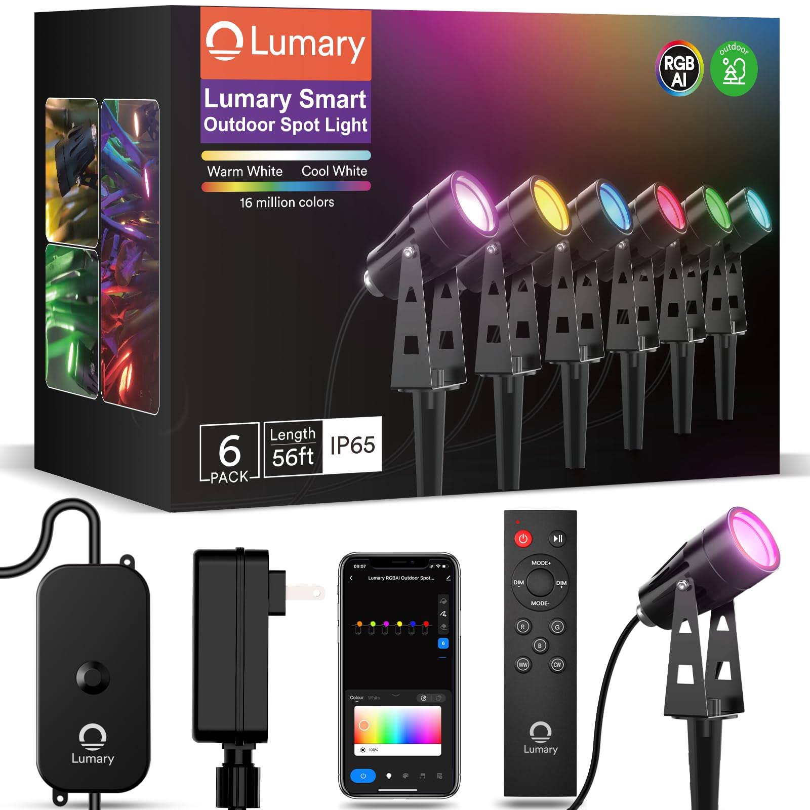 Lumary 56ft Smart Landscape Lights Waterproof, 6 Pack Low Voltage Landscape Lighting, RGBAIWW Color Changing Landscape Spotlight Outdoor Lights for
