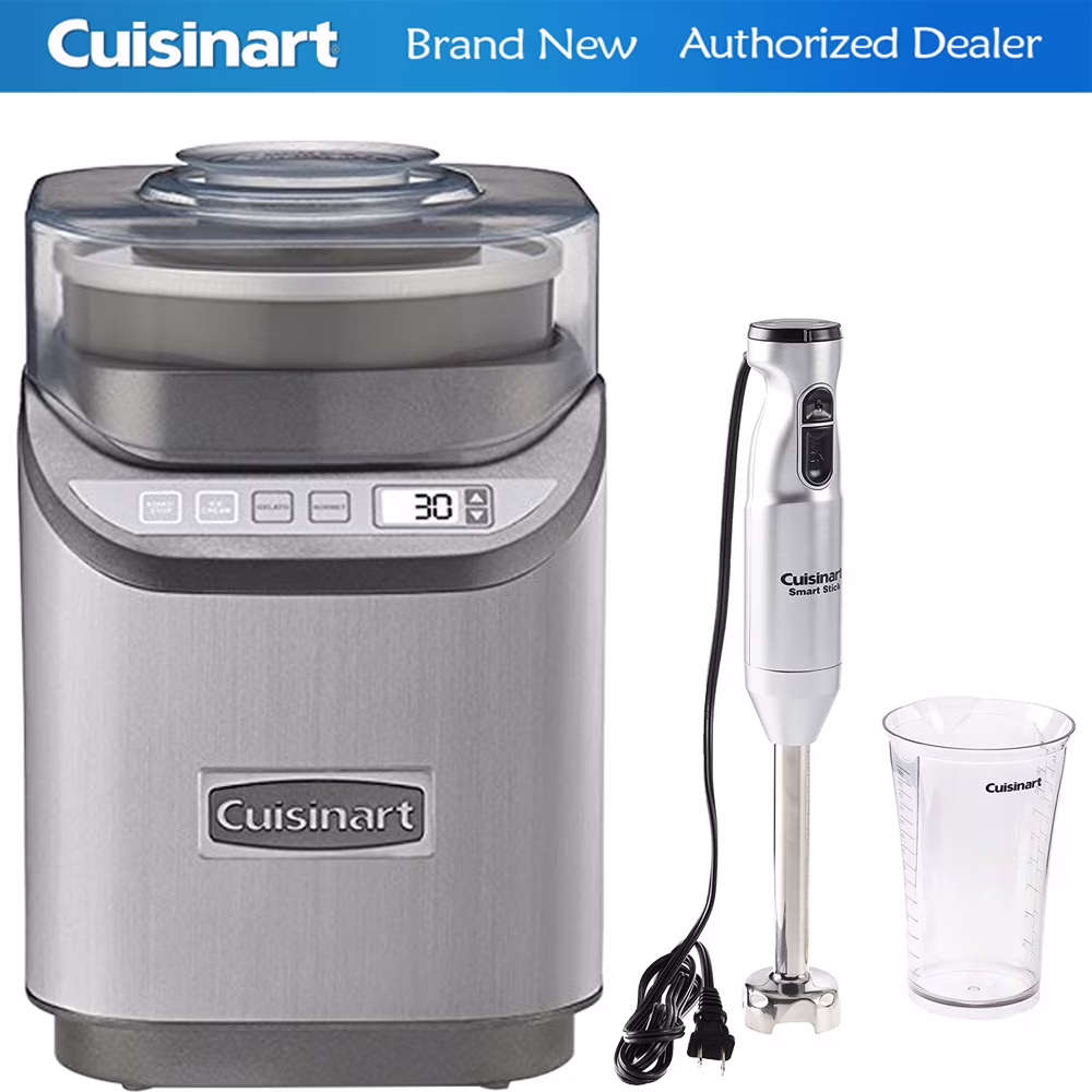 ICE-70 Electronic Ice Cream Maker, Brushed Chrome + Smart Stick Hand Blender