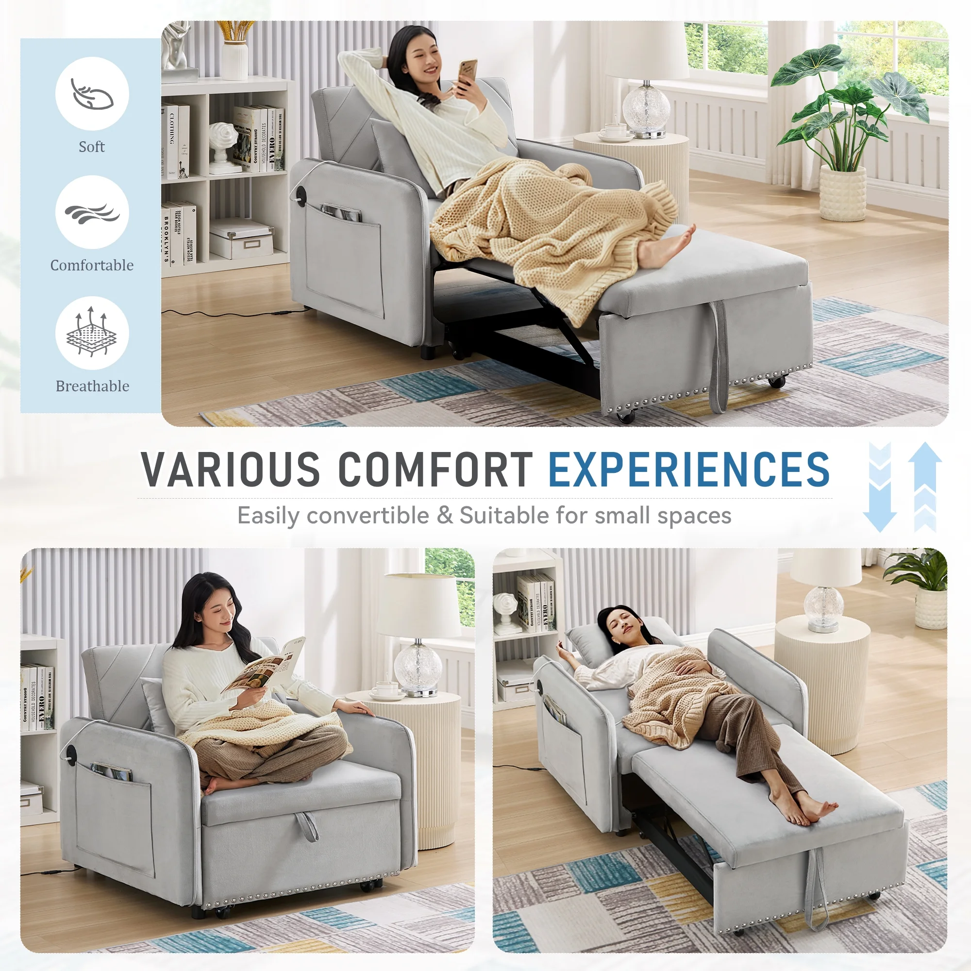 3-in-1 Convertible Sleeper Chair Bed, Indoor Lounge Chair with USB/Type-C Charging Ports, Modern Recliner Sofa for Living Room, Gray Velvet(Gray) - Image 8