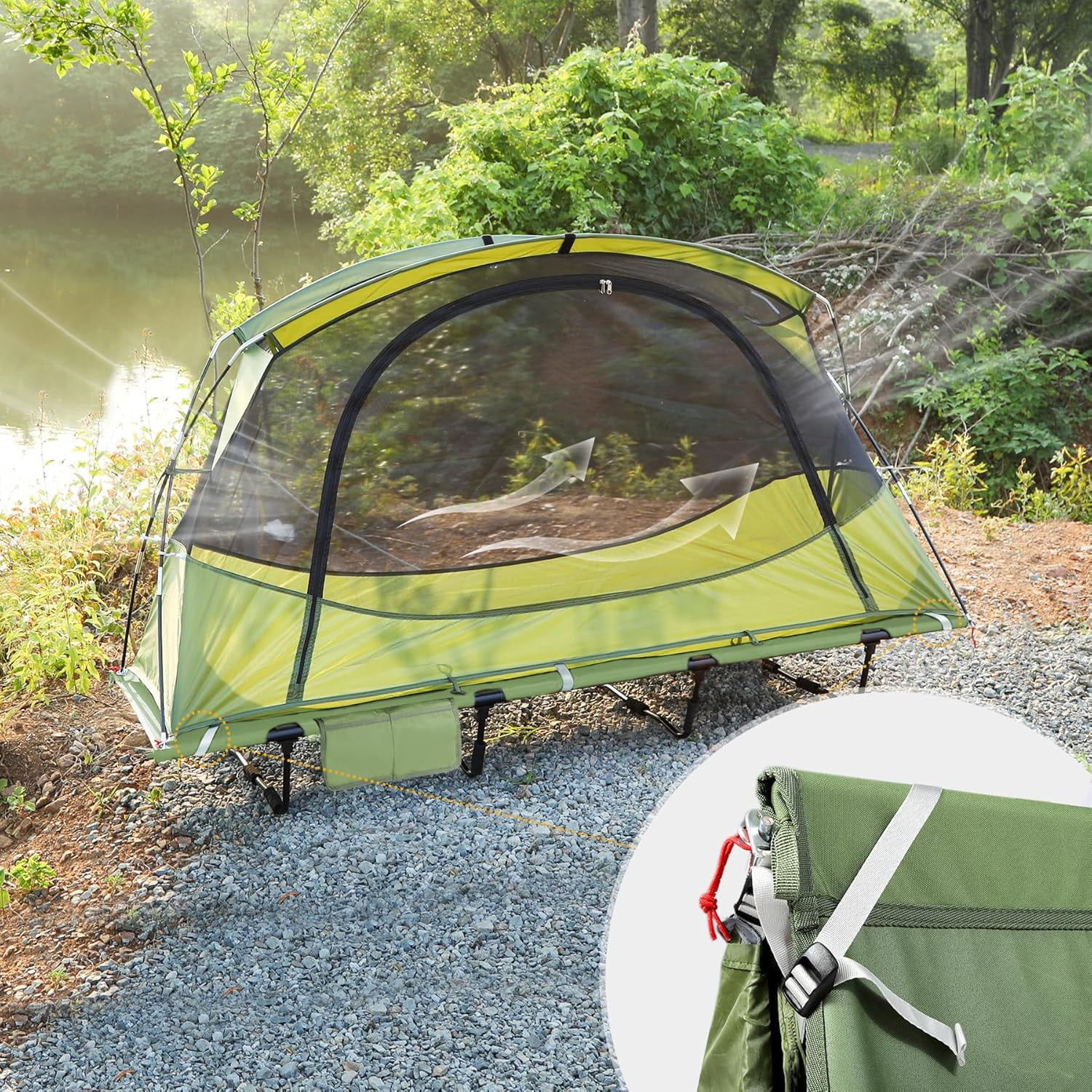1 Person Camping Cot Tent for Adults, Waterproof Elevated Tent with Cot for Trip, Picnic, 75"x28"x48", Army Green - Image 7