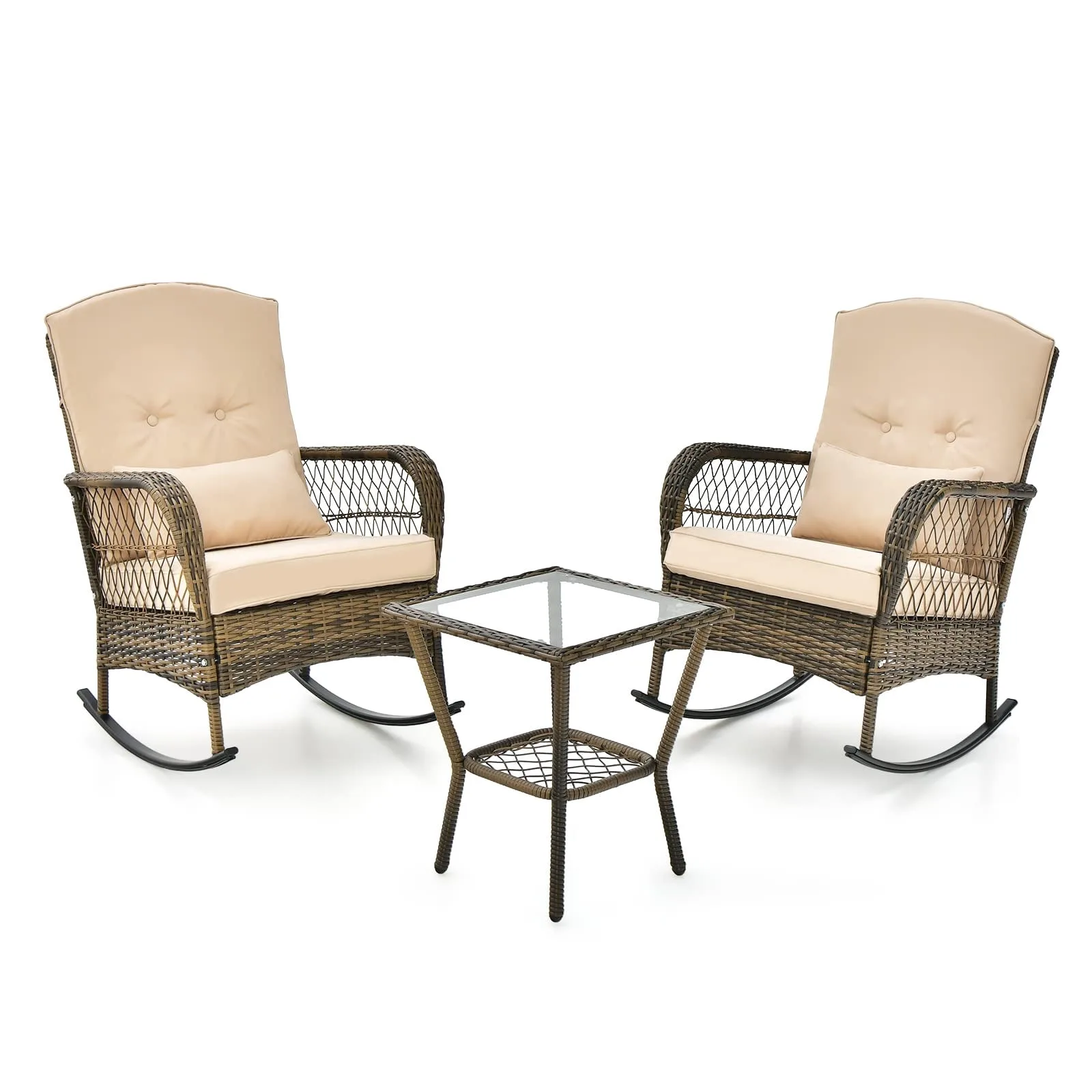 3-Piece Outdoor Wicker Rocking Chair Set, High-Back Chairs, Thick Cushions and 2-Tier Coffee Table, Dark Gray