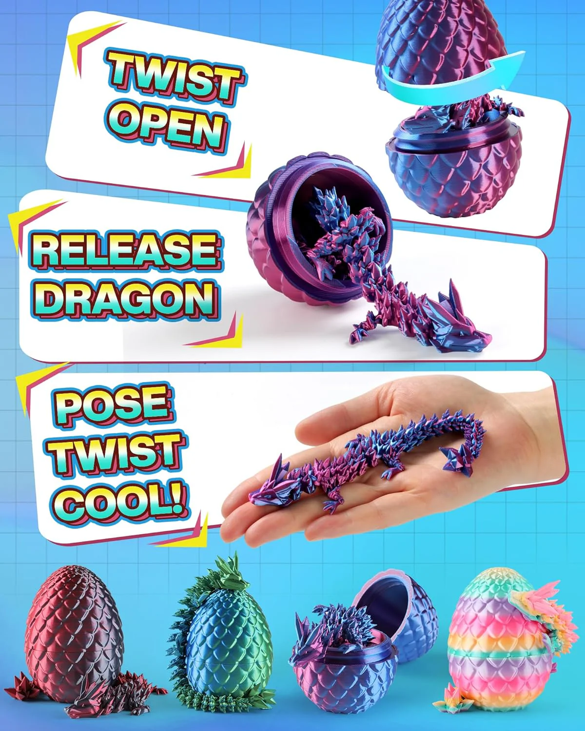 8 3D Printed Dragon Eggs (4 Pack), Unique Easter Basket Stuffers & Fantasy Toys