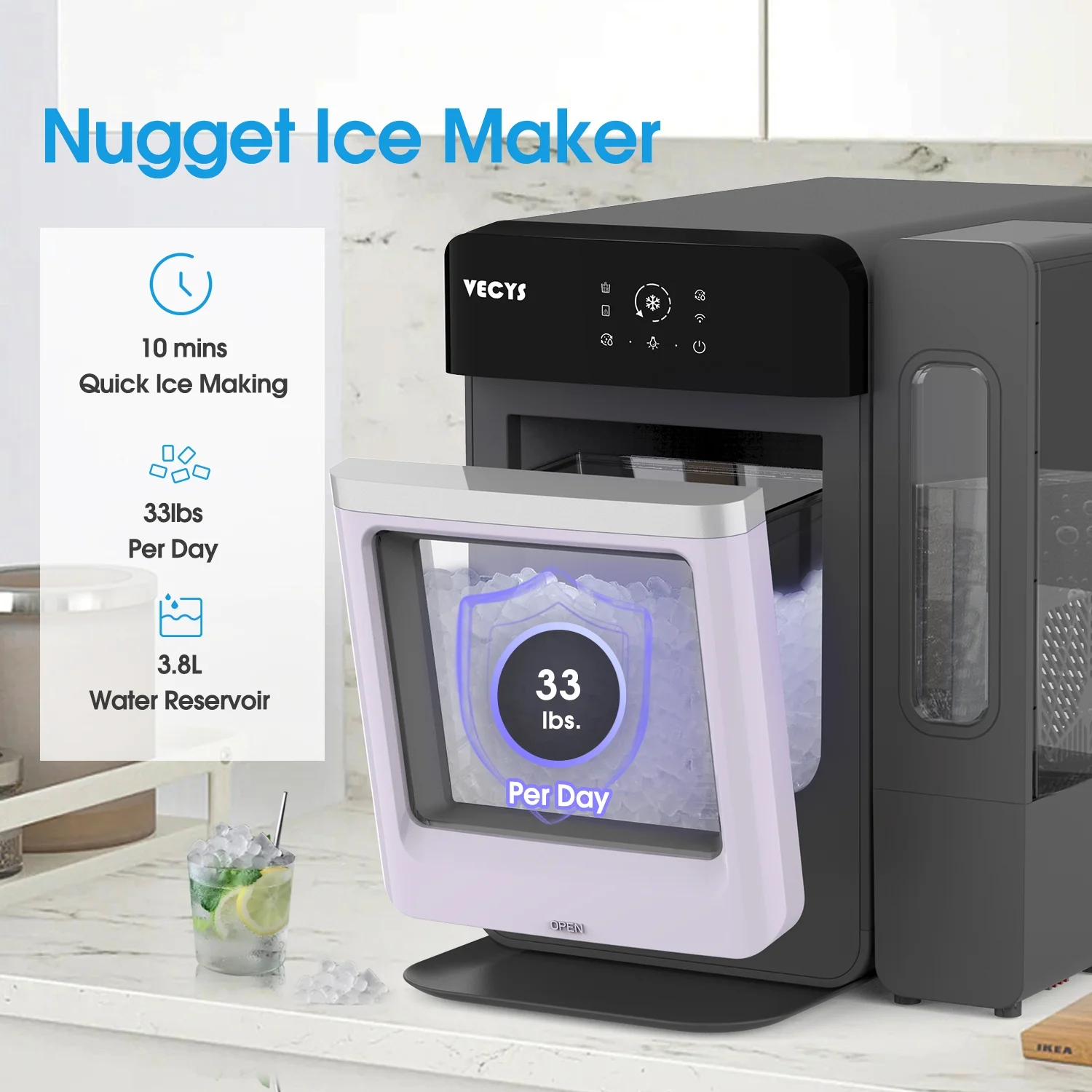 VECYS Nugget Ice Maker with Steel Trim, 33 lb/Day Self - Cleaning