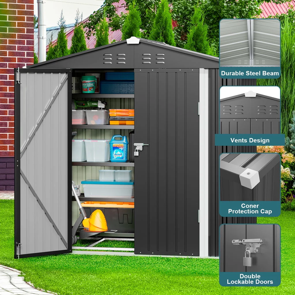 8 x 6 FT Outdoor Storage Shed on Clearance with Metal Base Frame and Double Lockable Doors for Garden, Patio Gray(6' x 4'/Brown) Image 5