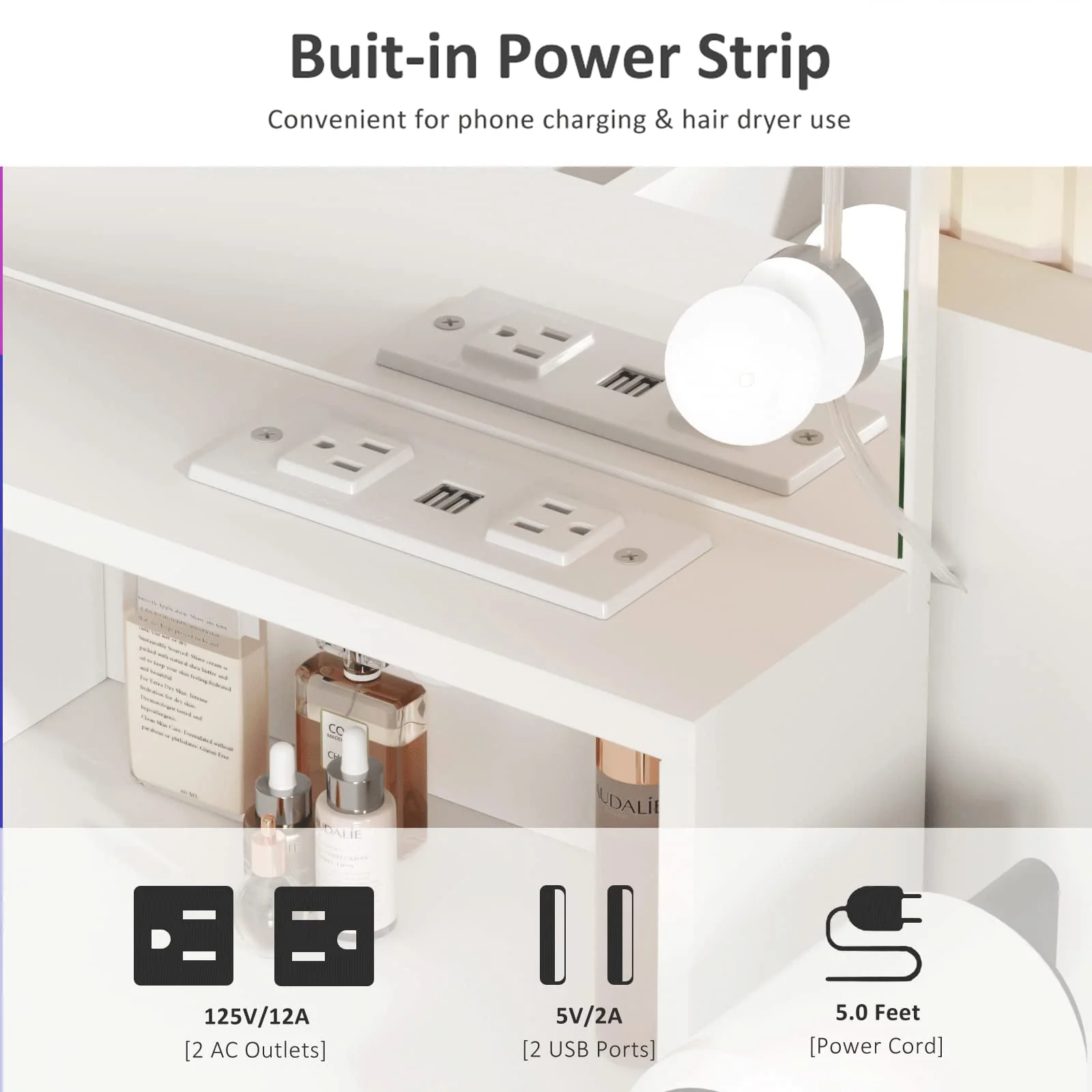 Veanerwood 31.5in Makeup Vanity Table with Lighted Mirror  Power Strip, Vanity Desk Set with Hair Dryer Holder, 3 Lighting Colors, White Finish(Black)