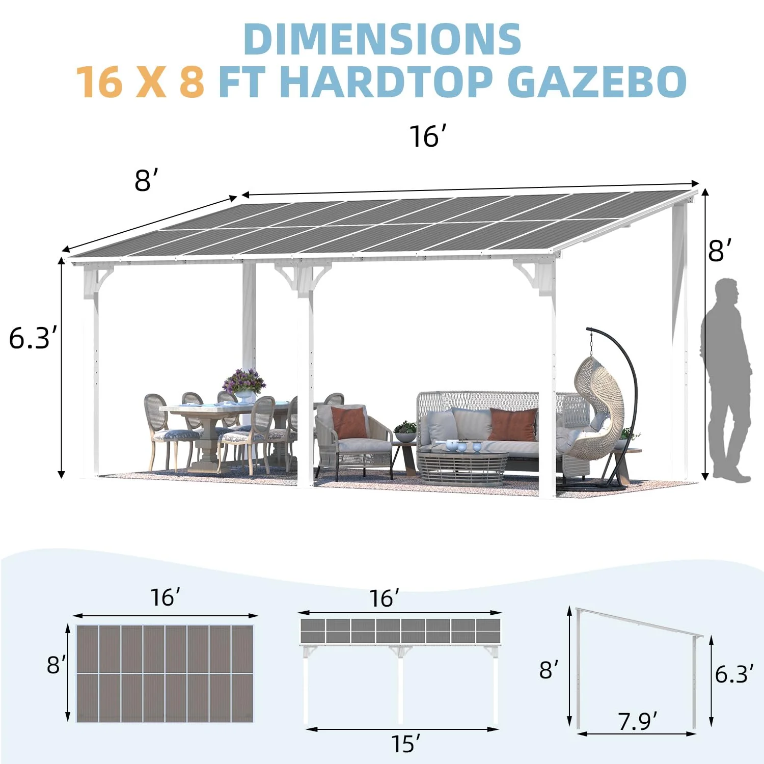 AECOJOY 16'x8' Wall Mounted Gazebos Pergola, White