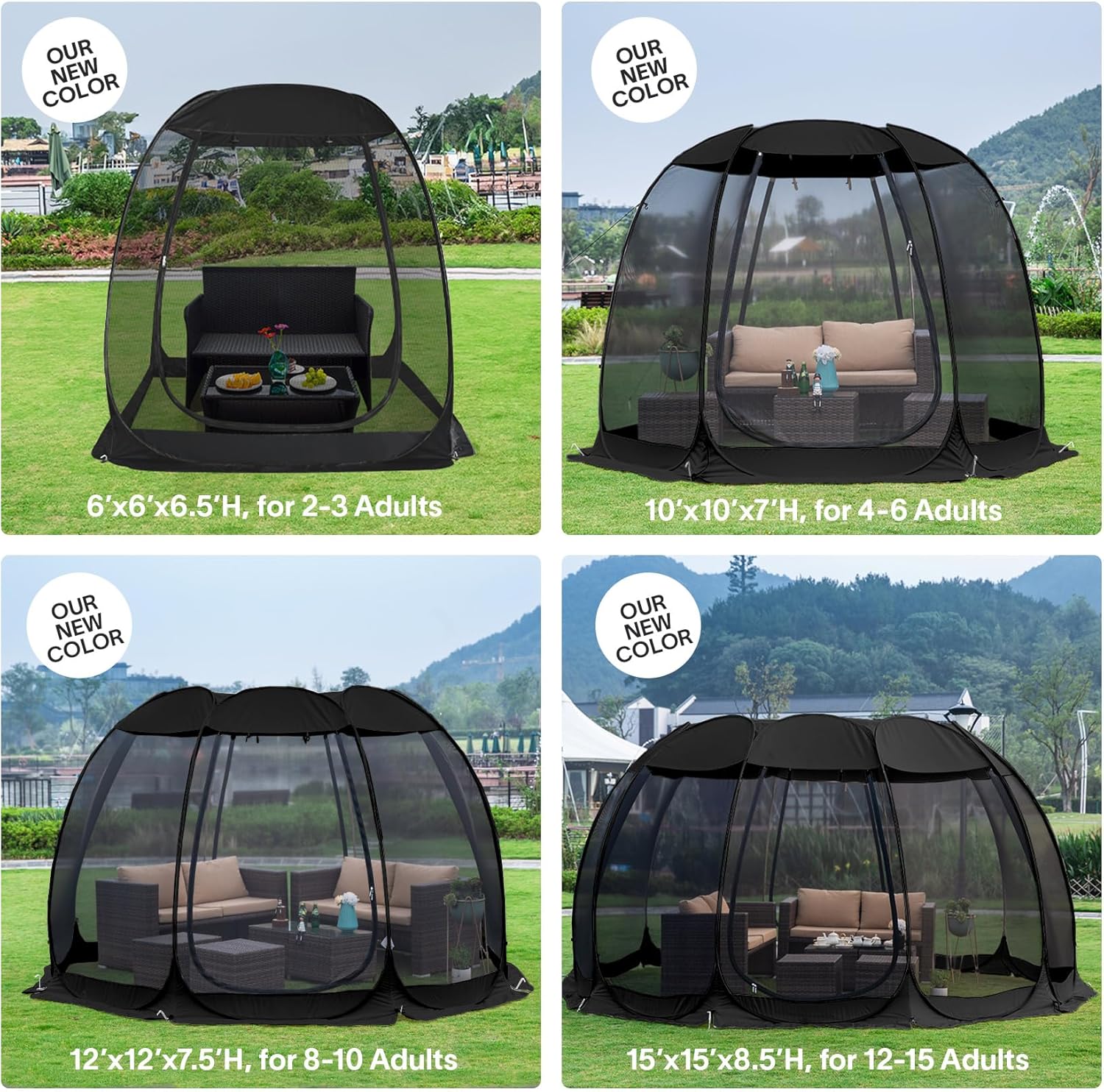 Gazebo moustiquaire pouvant accueillir 6, 10 ou 15 personnes. Tente de style igloo avec moustiquaire latérale. Idéal