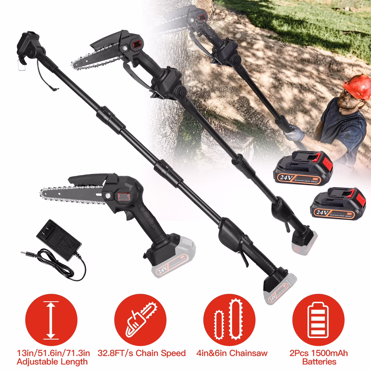 2-in-1 Cordless Pole Saw with Brushless Mini Chainsaw, 13ft Reach for Tree Trimming - Includes 2 Pack of 21500mAh Batteries, Ideal for Homeowners and Gardeners