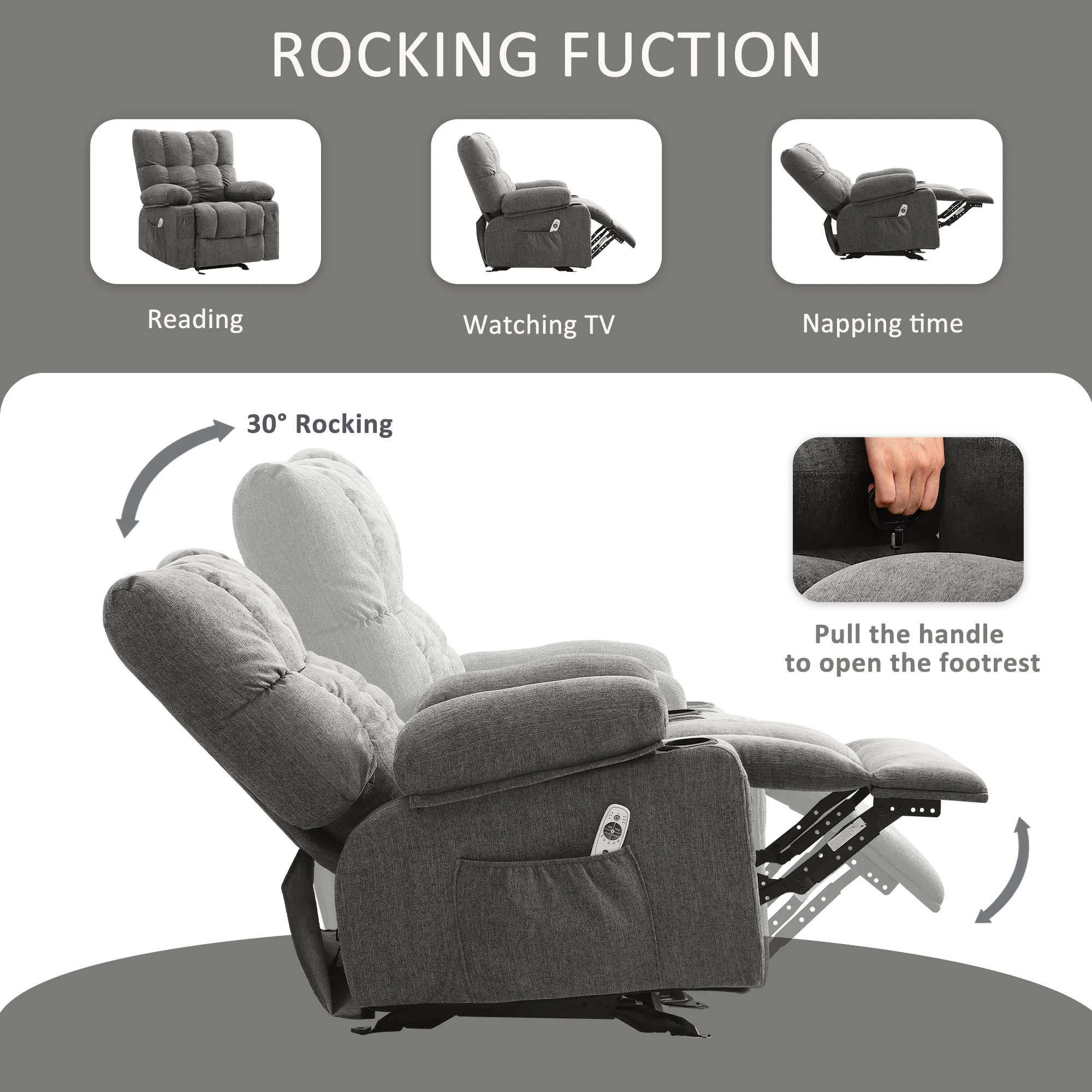 Manual Recliner Chair with Heat Therapy and Massage Function, Heavy Duty Reclining Mechanism Massage Chair, Elderly Single Rocker Sofa with Cup Holders for Bedroom Home Theater,Grey(Regular-Grey) - Image 8