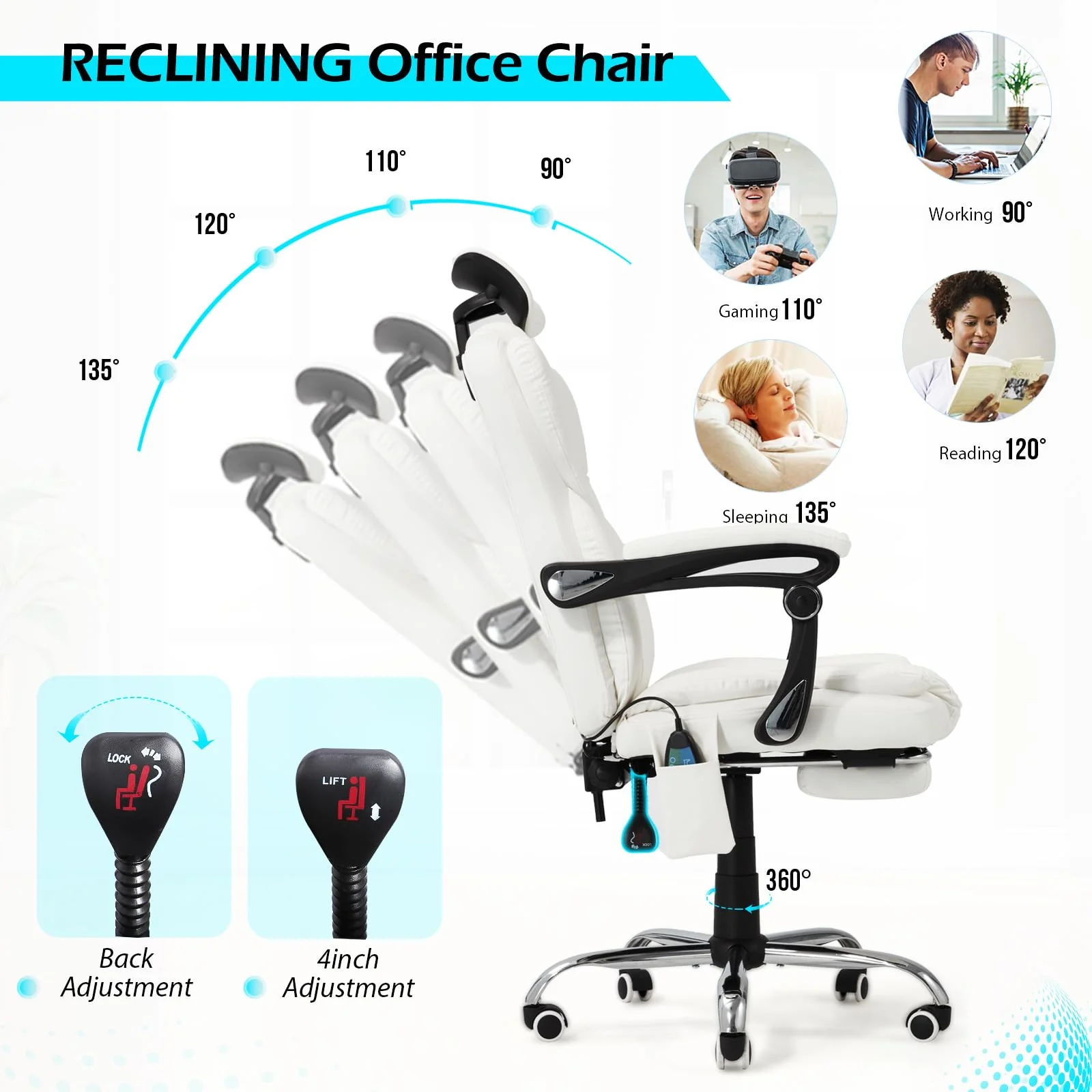 AECOJOY Office Chair with 7 Points Vibration Massage&Heat, Adjustable Ergonomic Recliner, Cream White