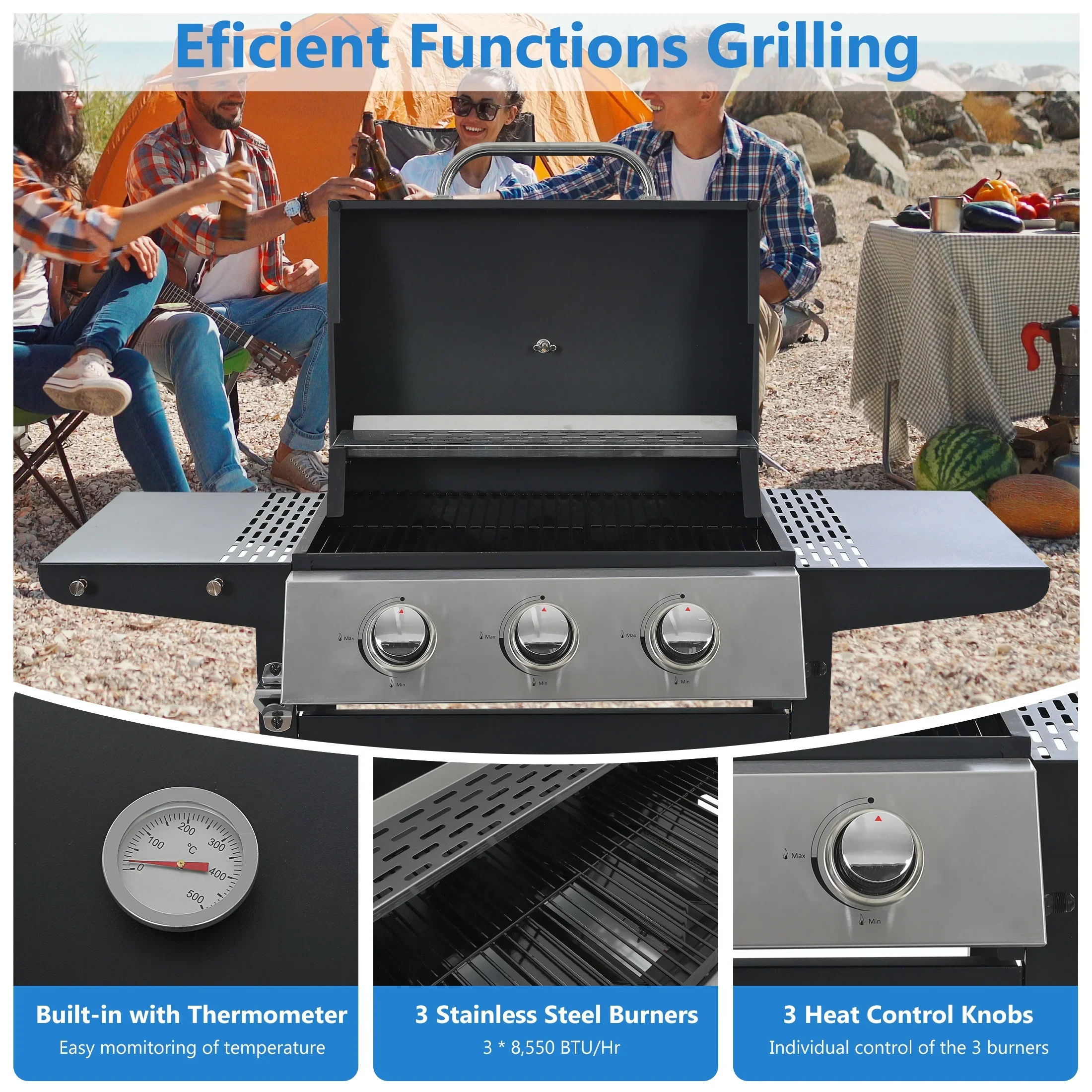 Segmart 3 Burner BBQ Propane Gas Grill, Stainless Steel 30,000 BTU Patio Garden Barbecue Grill with Folding Side Tables, Hanging Basket & Thermometer, Perfect for Camping, Outdoor Cooking