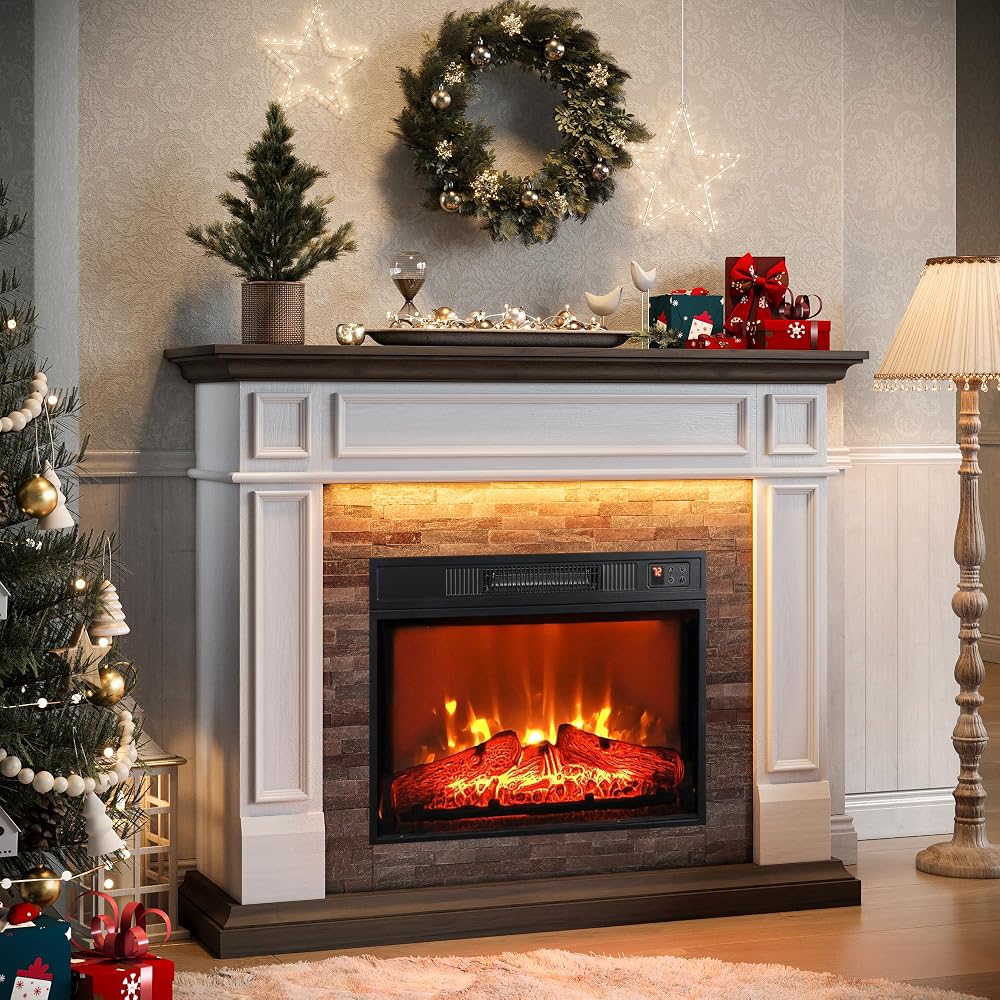 Naice 44" Electric Fireplace Mantel, LED Light Farmhouse Fireplace TV Stand