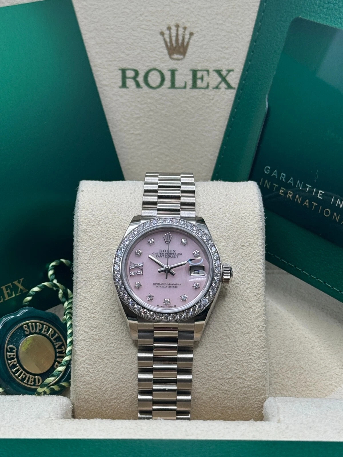 【Super Clone】RLX Lady-Datejust 28mm 279139RBR Pink Opal Diamond Dial and Diamond Bezel White Gold Bracelet