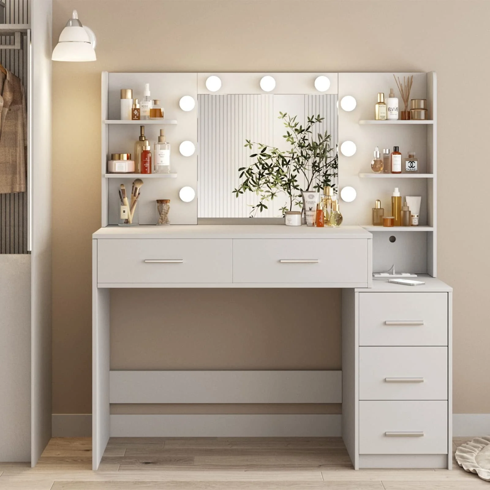 Makeup Vanity with Mirror and Lights,3 Lighting Colors,Bedroom Vanity Table with Charging Station,White Make Up Desk with 5 Drawers Storage and Open Shelves(White)