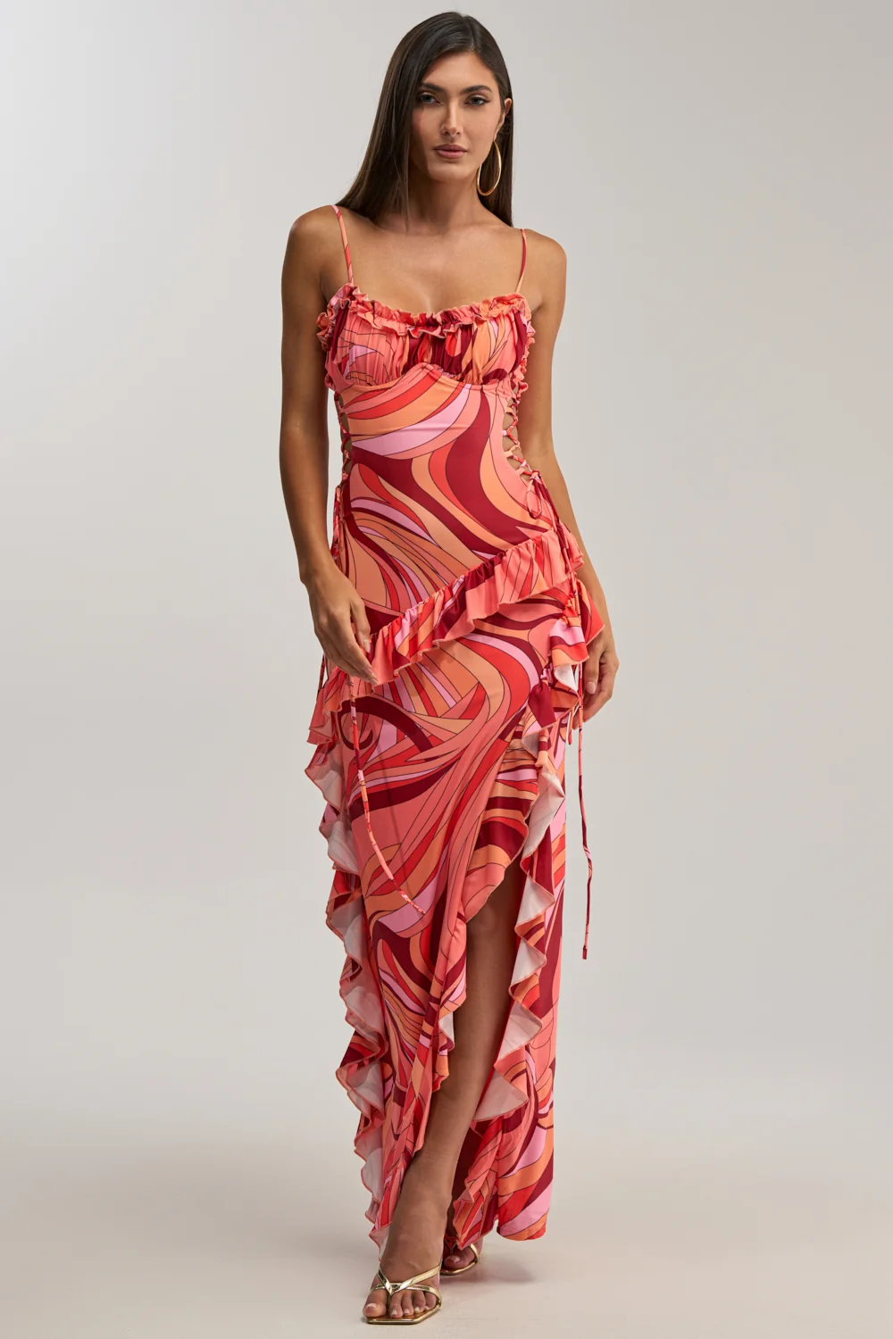 HANDLE WITH CARE ABSTRACT MIDI DRESS IN ORANGE - Akira Store