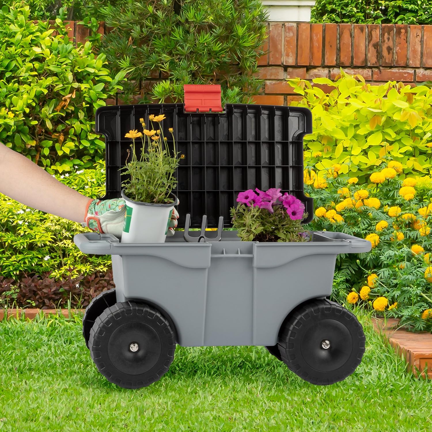 Pure Garden Rolling Garden Cart with Seat, Gray