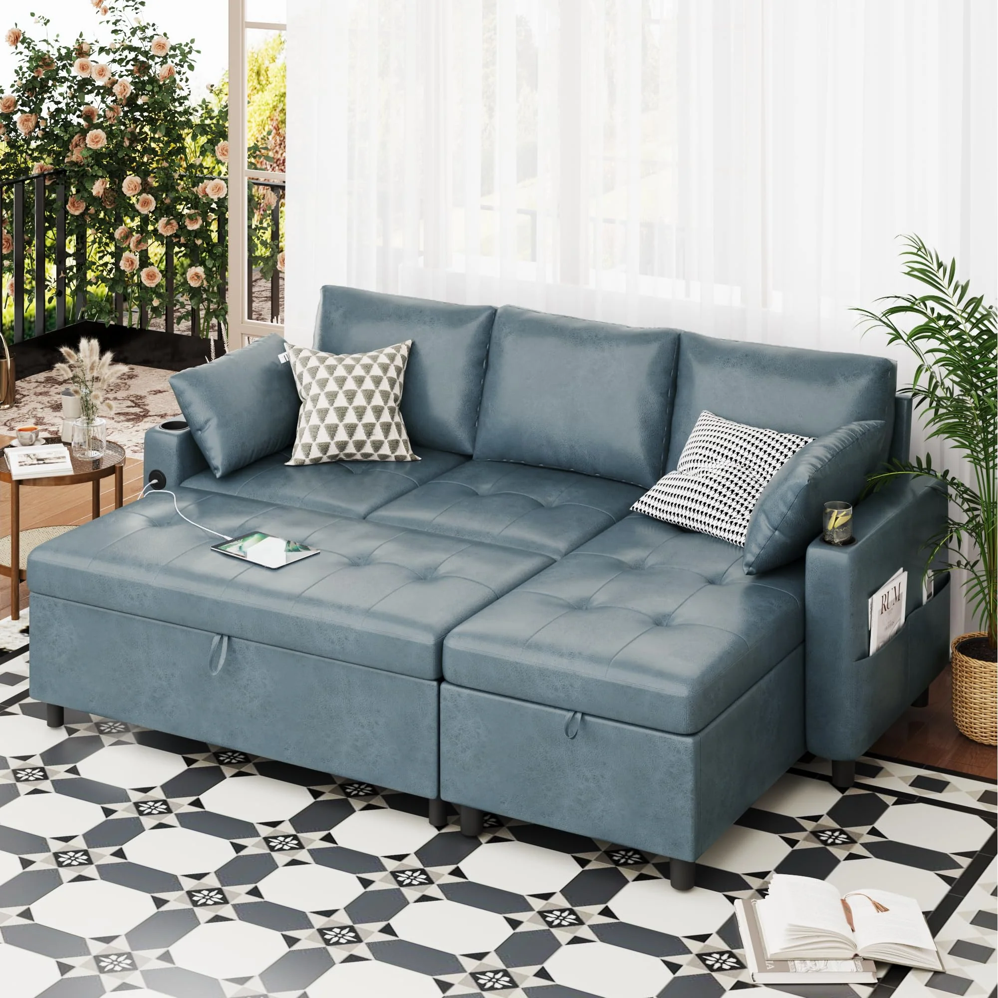 AECOJOY Sleeper Sofa Couch with Pullout Bed, Faux Leather, Blue