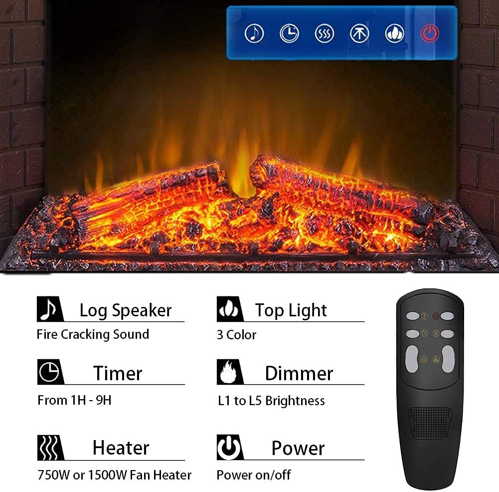36'' Electric Fireplace Insert, Retro Recessed Fireplace Heater with Fire Cracking Sound, Remote Control & Timer, 750/1500W, Black