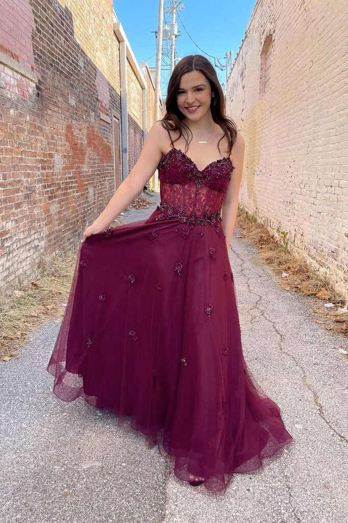 Burgundy A Line Spaghetti Straps Long Prom Dresses, Tulle Evening Dresses With Flowers DMP050