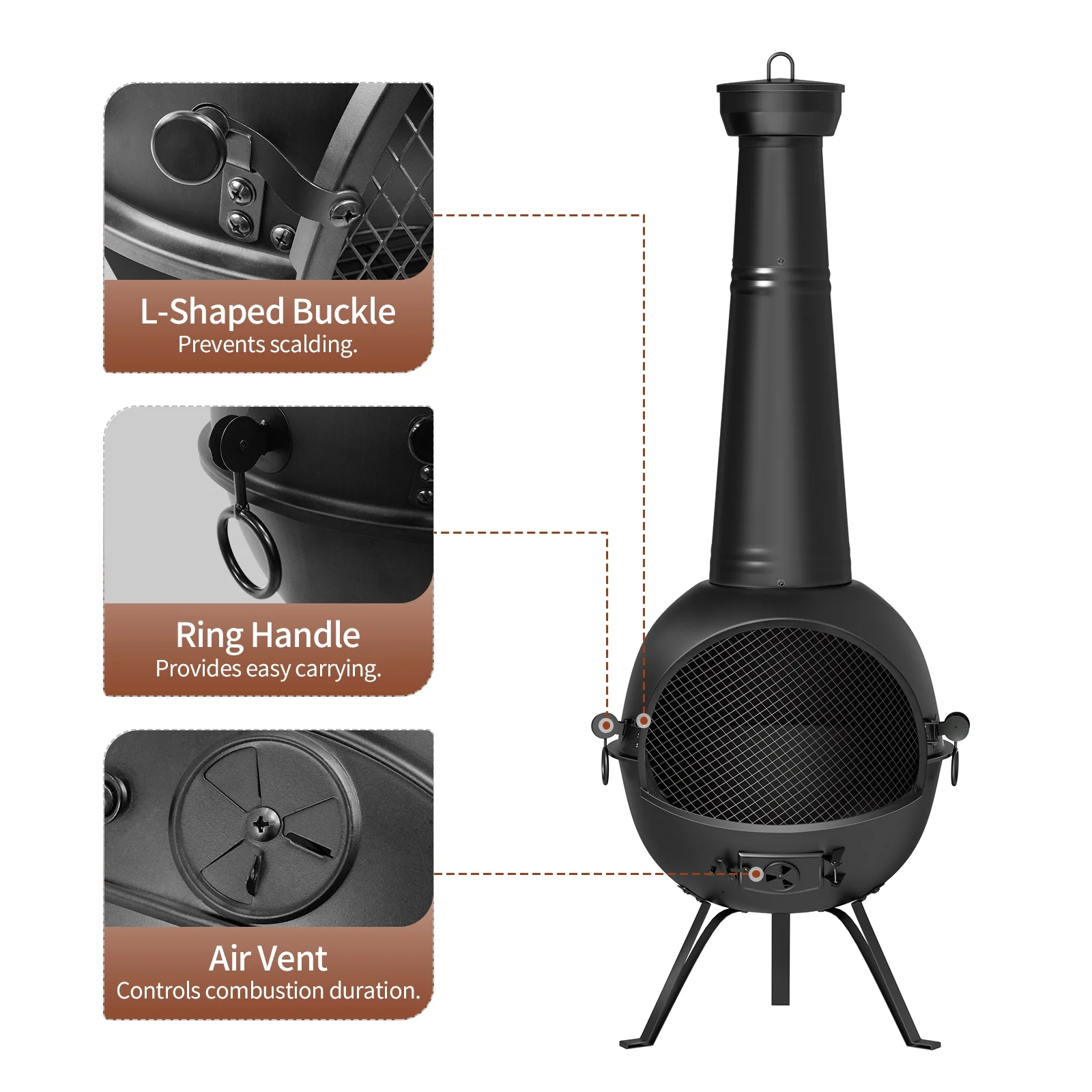 Chiminea Outdoor Fireplace, Wooden Fire Pit for Patio Backyard with Cover, Black(NFP056A) - Image 2