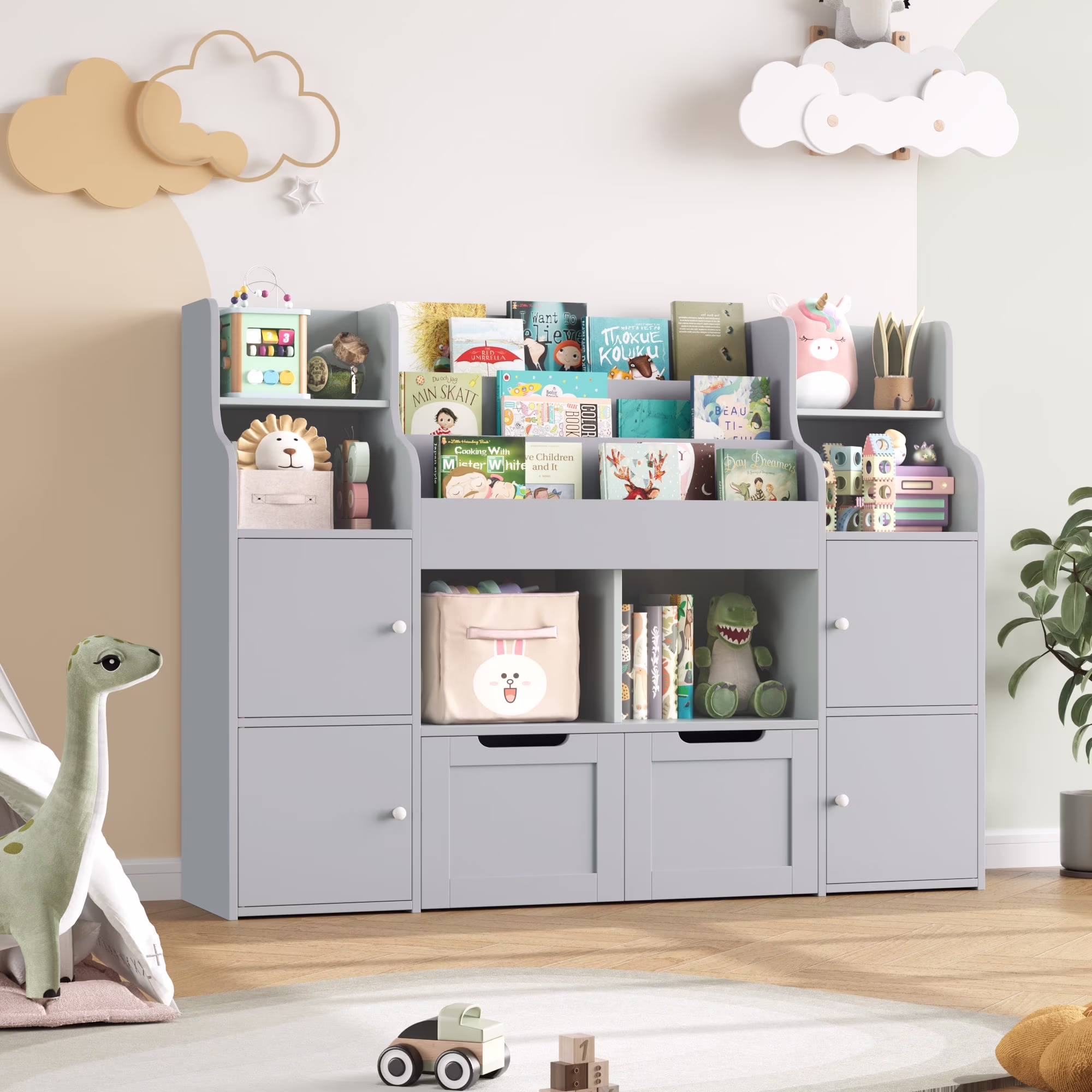 4 Doors Kids Bookcase with 3 Tier Book Racks 2 Mobile Drawers, 4 Cube Bookshelves Toy Storage Organizer for Playroom Kids Room, White(White) - Image 3