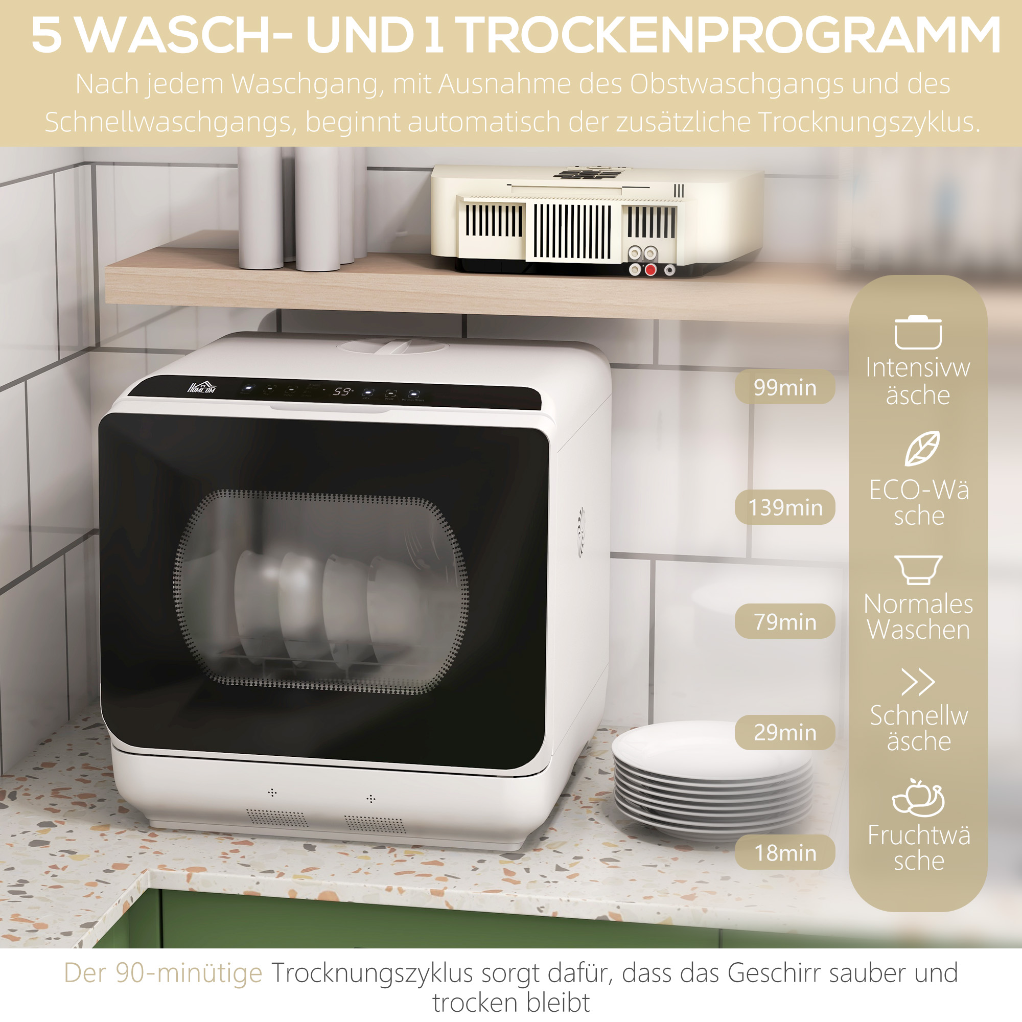 HOMCOM Compacte Tafelvaatwasser, 4 Couverts, Droogmodus, 6L Tank/Kraan, Startuitstel, LED, Wit