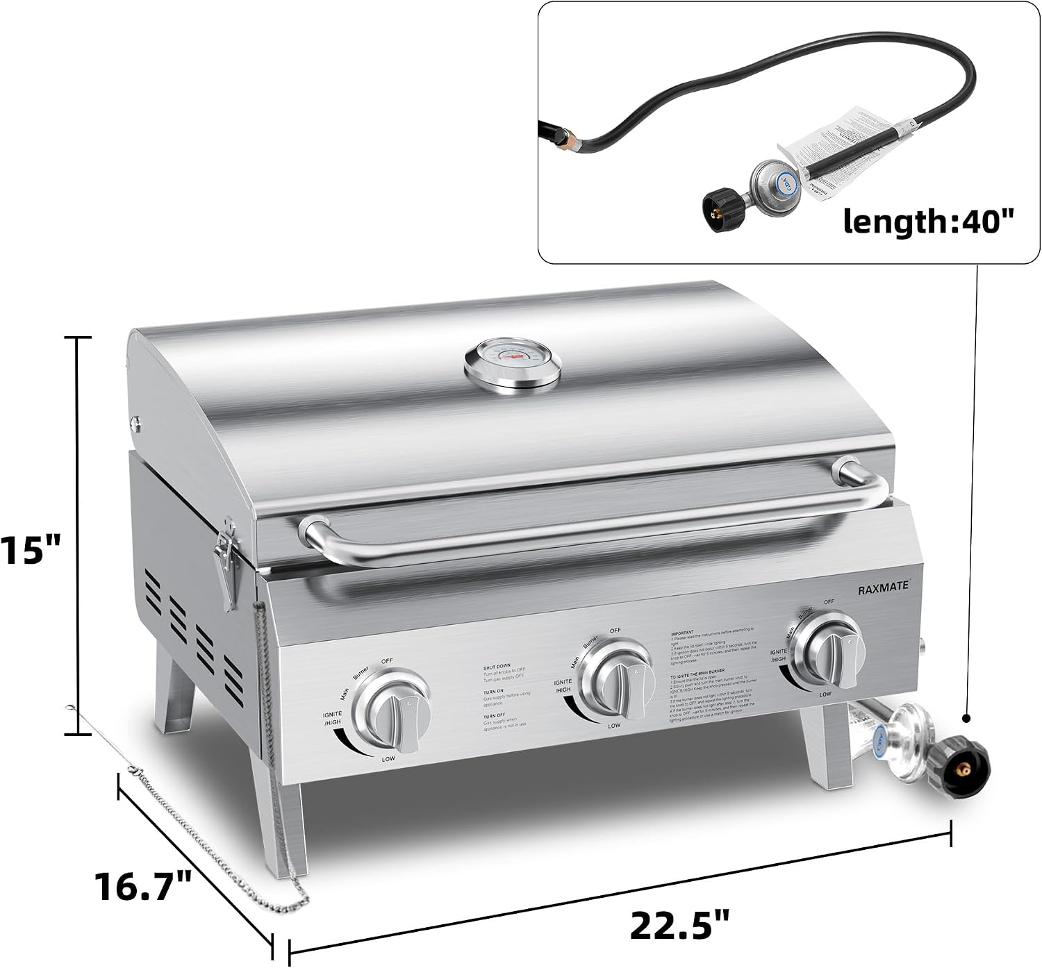 3-Burner Tabletop Gas Grill 30,000 BTUs Portable Propane Grill