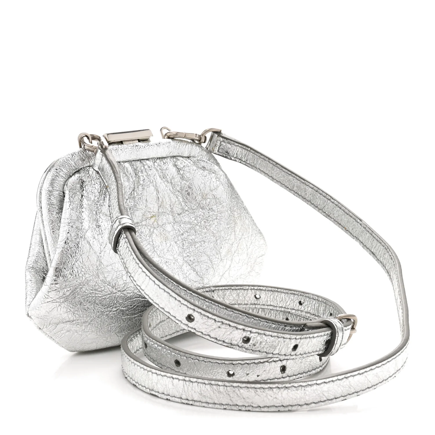 Metallic Textured Calfskin Logo Cloud Coin Purse With Strap Silver