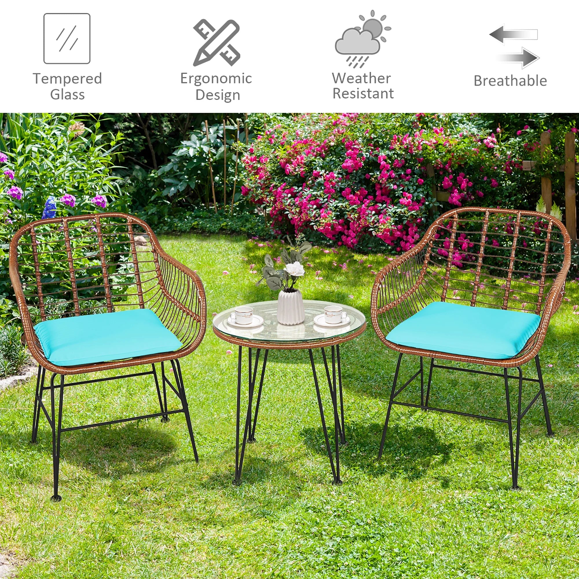 Costway 3PCS Patio Rattan Bistro Set Coffee Table Armchair Garden Red Cushion