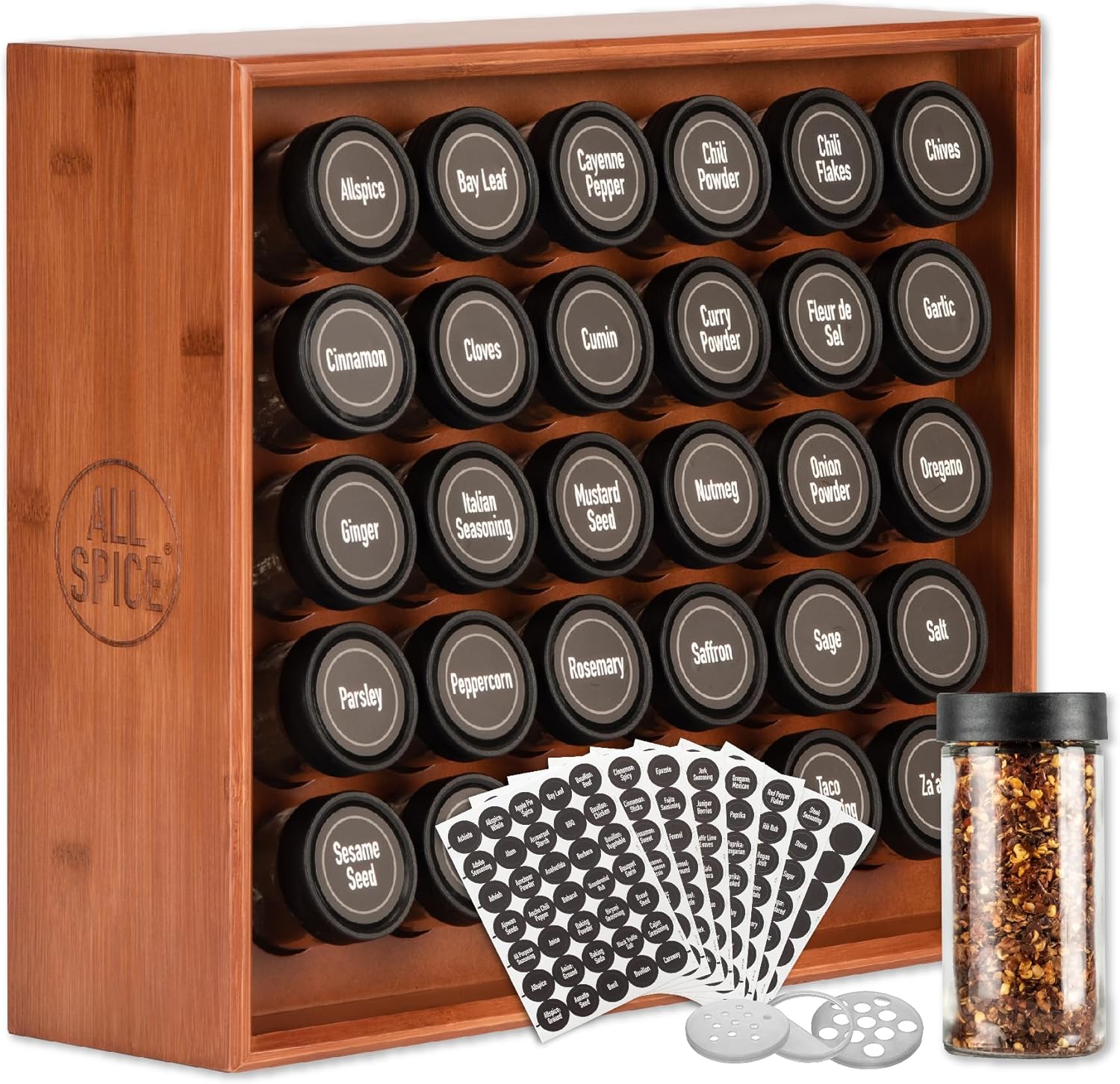 AllSpice Spice Rack Organizer, Wood, 525 Unique Labels, Countertop or Wall Mount, Includes 30 4oz Jars - Cherry Stain