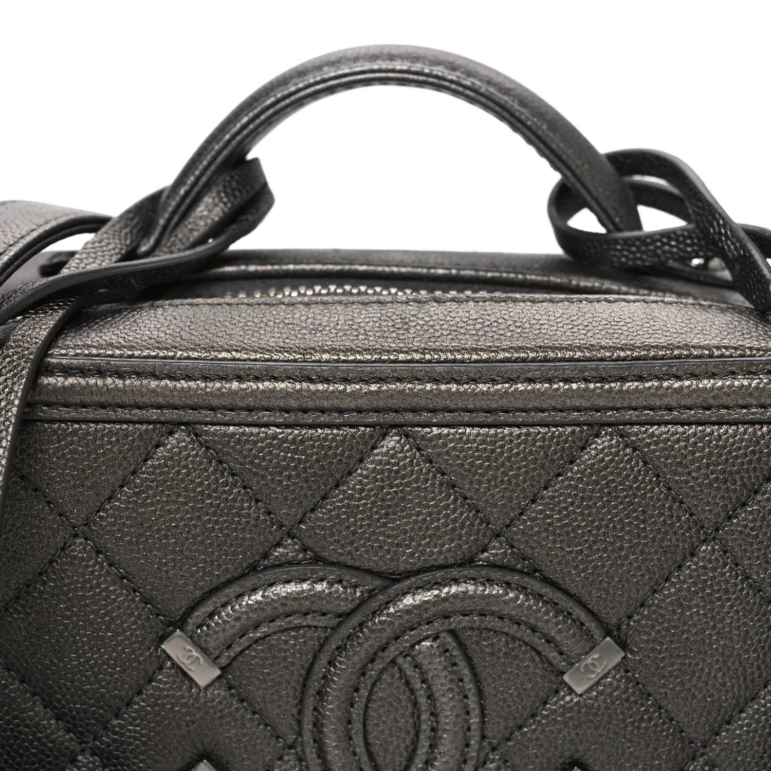 Metallic Caviar Quilted Small CC Filigree Vanity Case Dark Silver