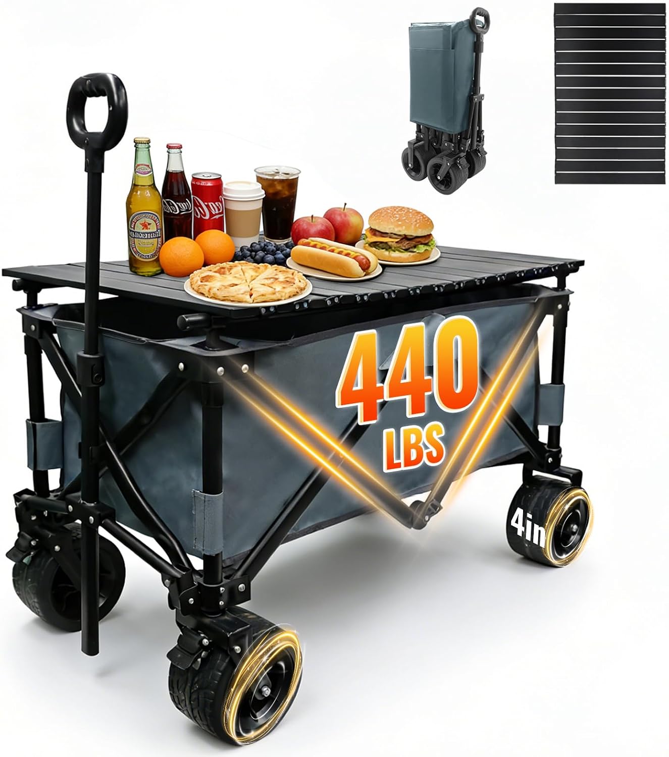 Collapsible Foldable Wagon Cart with Big Wheels and Tabletop, Large Capacity 440Lbs Folding Utility Wagon Carts for Sand, Beach, Camping, Shopping, Sports (Gray)