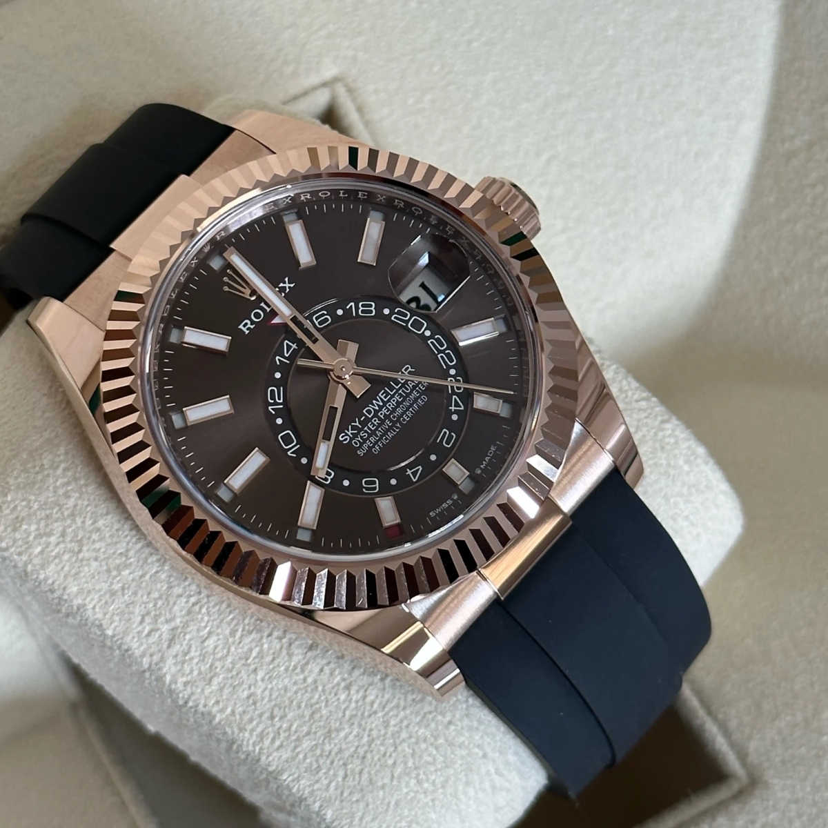 [Super Clone]RLX  Sky-Dweller 42mm Rose Gold Chocolate Dial Oysterflex - 336235