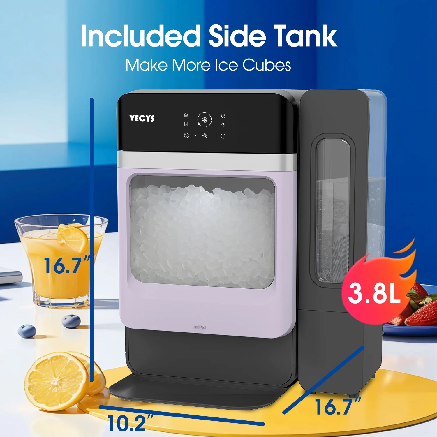 VECYS Nugget Ice Maker with Steel Trim, 33 lb/Day Self - Cleaning