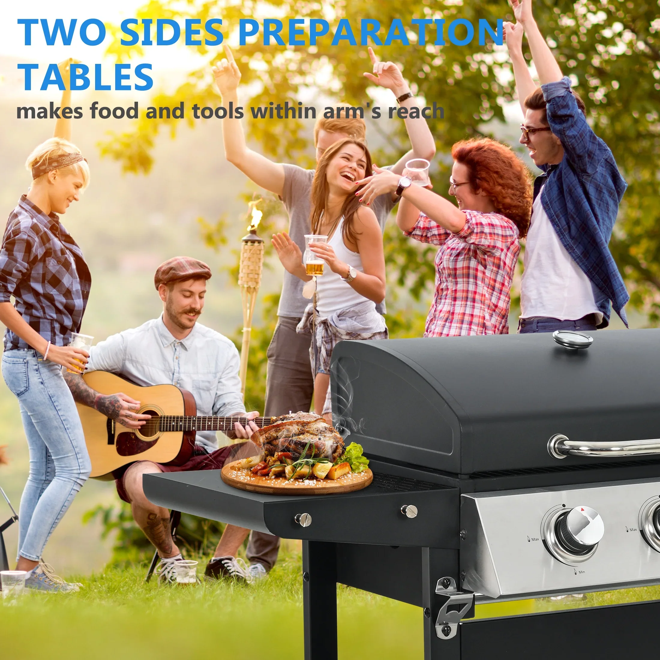 Segmart 3 Burner BBQ Propane Gas Grill, Stainless Steel 30,000 BTU Patio Garden Barbecue Grill with Folding Side Tables, Hanging Basket & Thermometer, Perfect for Camping, Outdoor Cooking