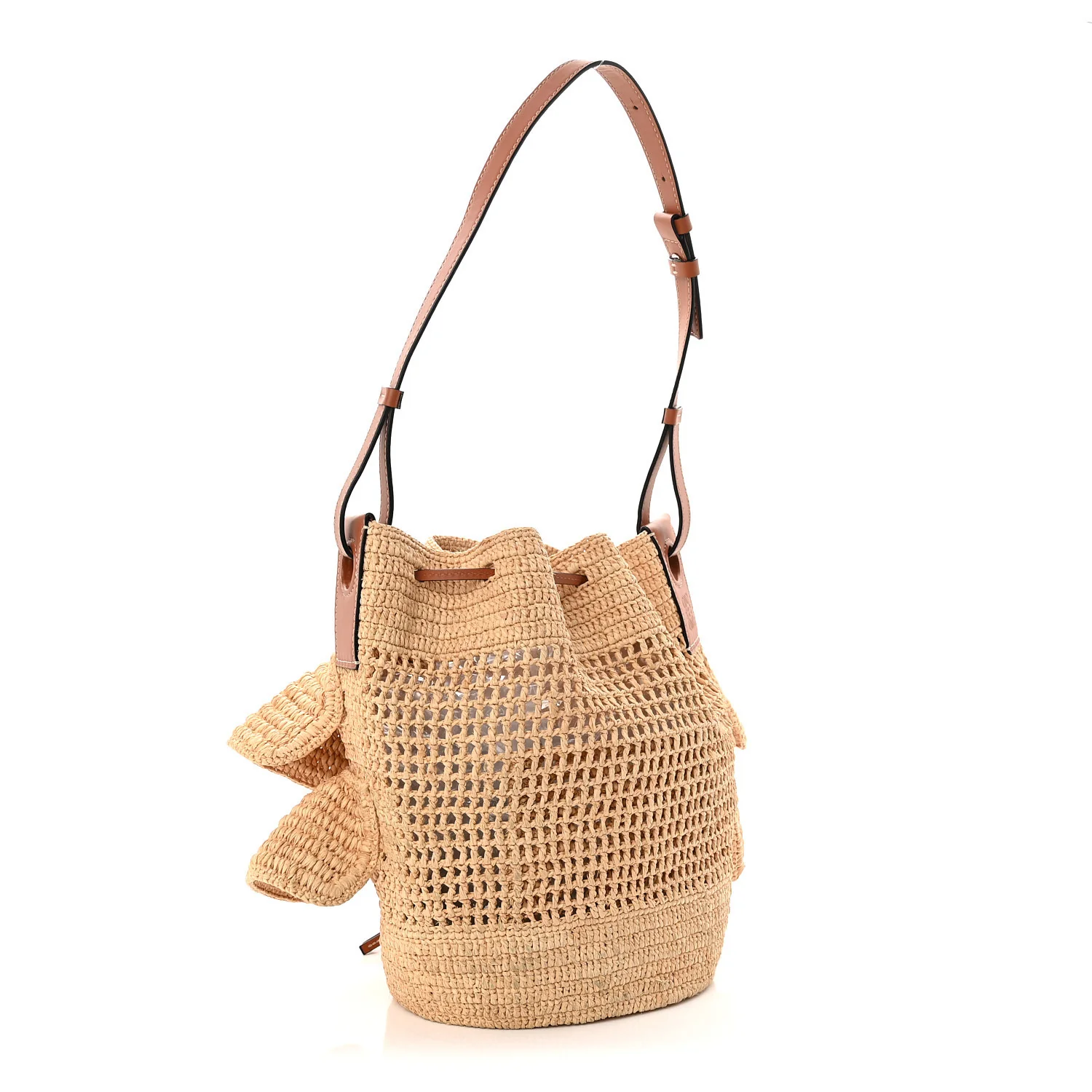 Raffia Calfskin Paulas Ibiza Balloon Ruffle Basket Tote Bag Natural Tan