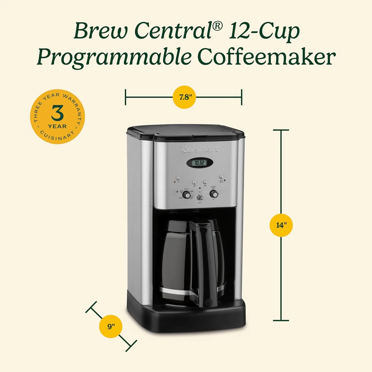 Cafetière programmable Cuisinart DCC-1200P1 Brew Central 12 tasses, carafe, chrome brossé