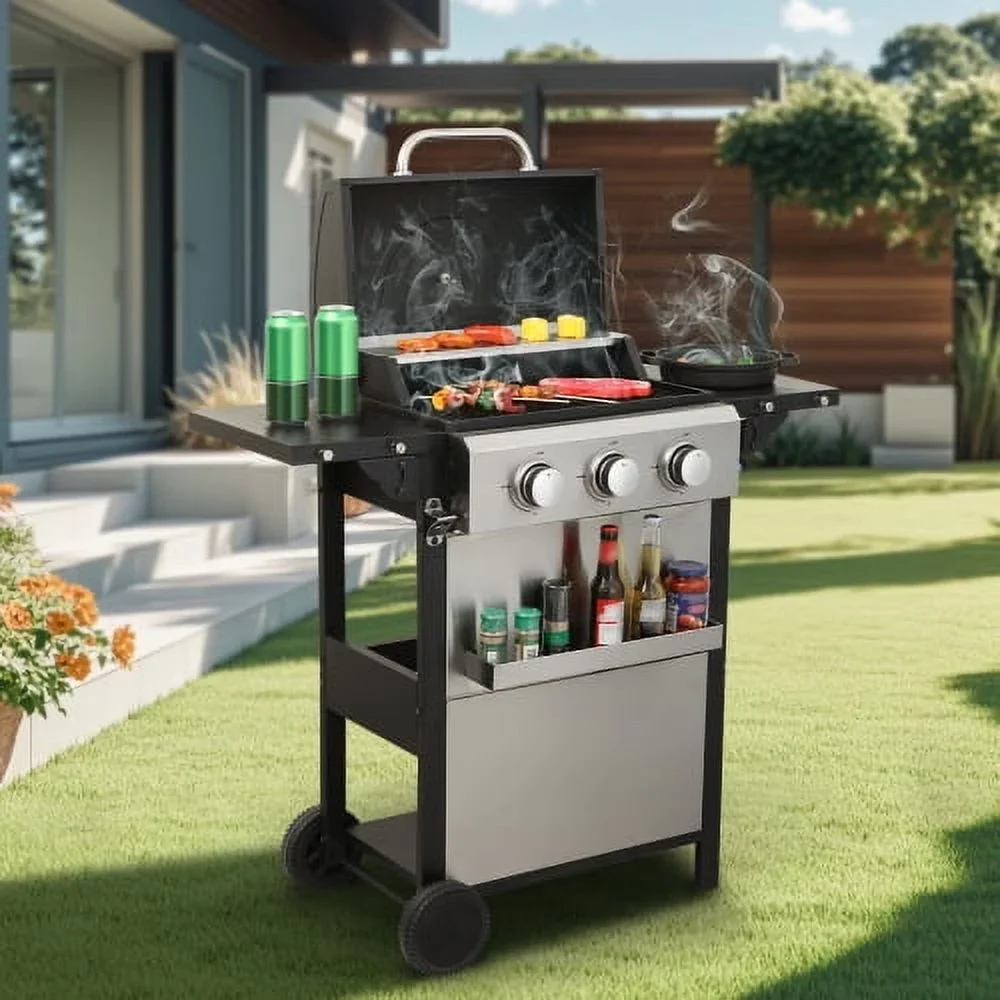 Yiweny 3 Burner BBQ Propane Gas Grill, Stainless Steel 25650 BTU Patio Garden Barbecue Grill with Bottle Opener, Two Foldable Side Shelves & Thermometer, Perfect for Camping, Outdoor Cooking.