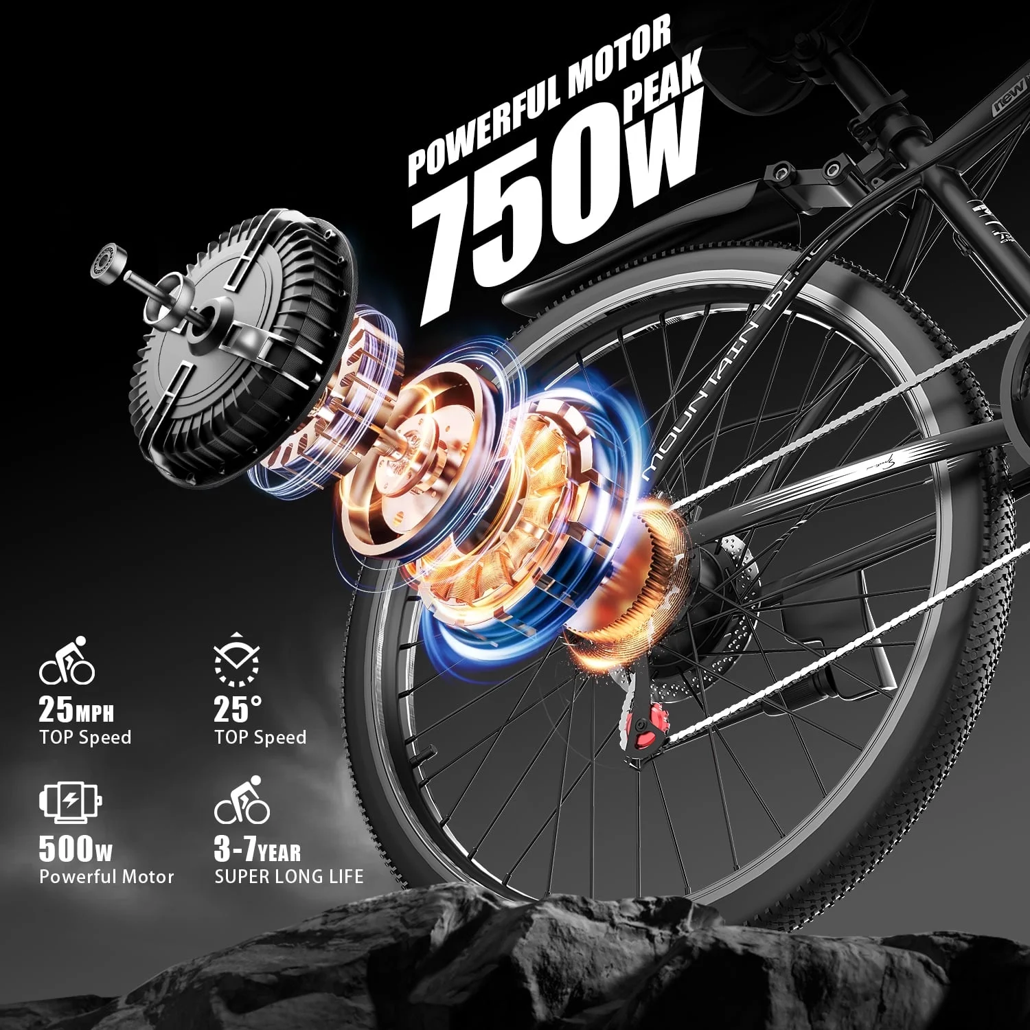 26" Electric Bike for Adults with Peak 750W Brushless Motor, 35miles 22MPH Commuting Electric Mountain Bike with 36V 10AH Removable Battery, 7 - Speed, Front Fork Suspension