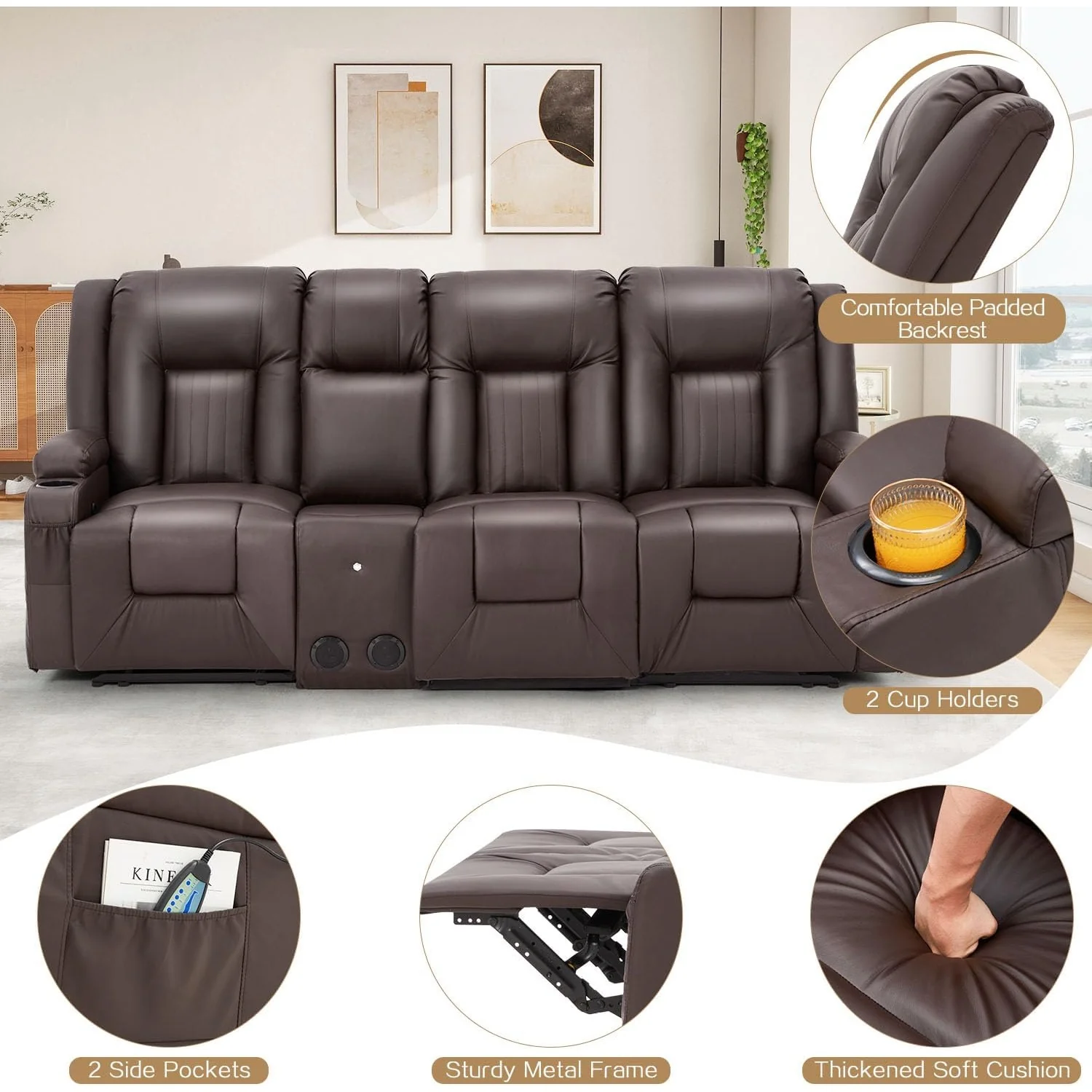 AECOJOY 3 Seater Recliner Sofa with Console&Bluetooth Speakers, Manual RV Sofa Couch, Brown