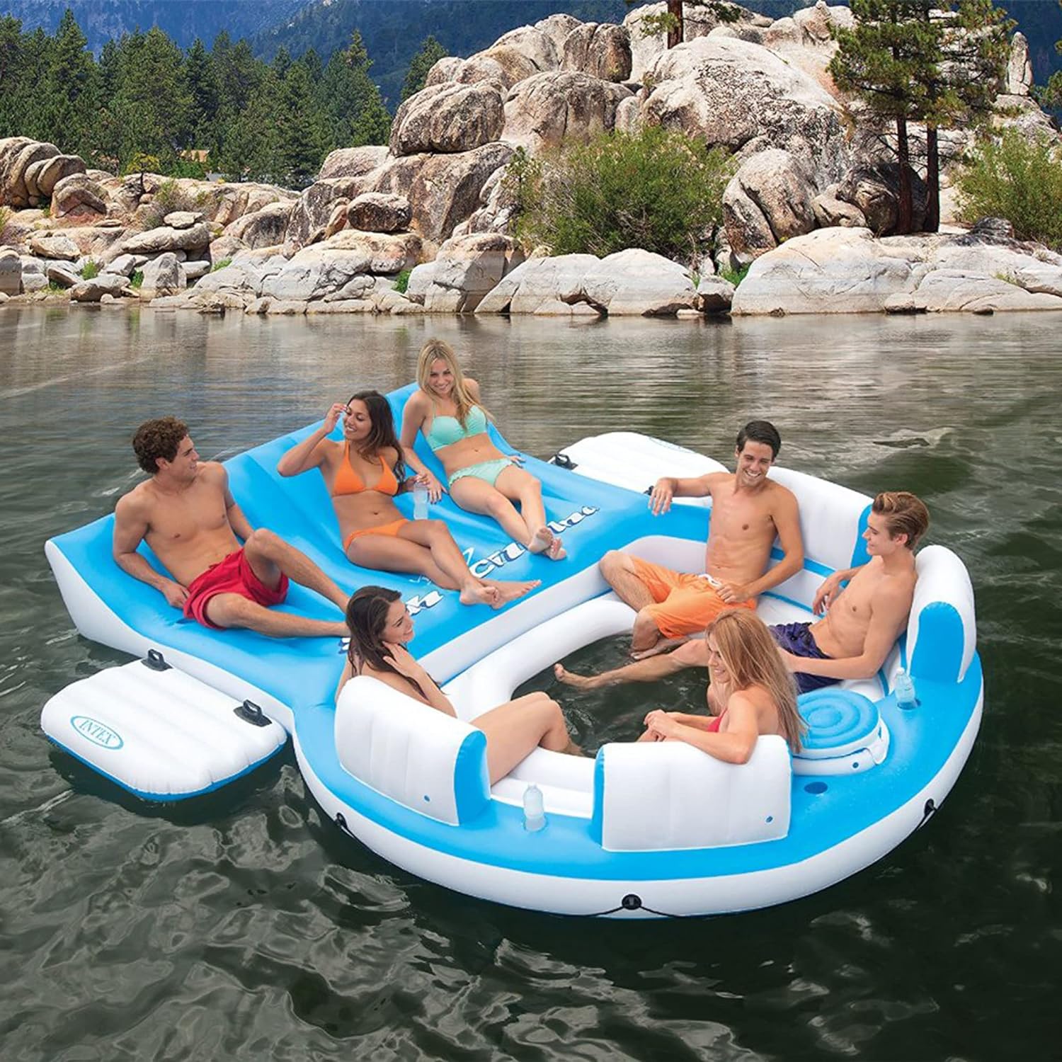 145 X 125 X 20 Inch Inflatable Lake and Pool Relaxation Island Lounger Seat for Up to 7 Adults, Blue and White