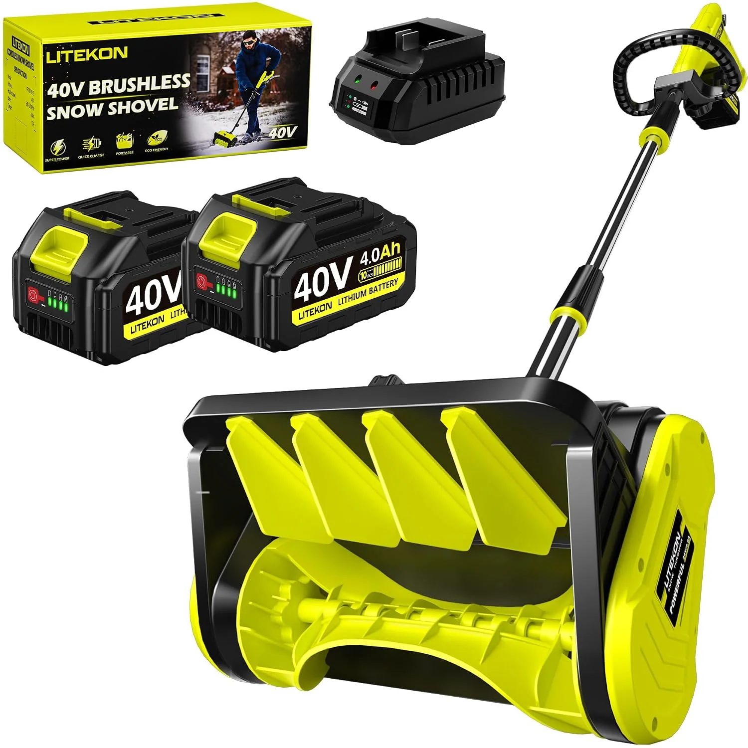 Litekon 40V Brushless Cordless Snow Shovel, 13-Inch Electric Snow Blower with 2X 4.0Ah Batteries Snow Removal with 25FT Throw Distance for Patio, Deck, Driveway,Green