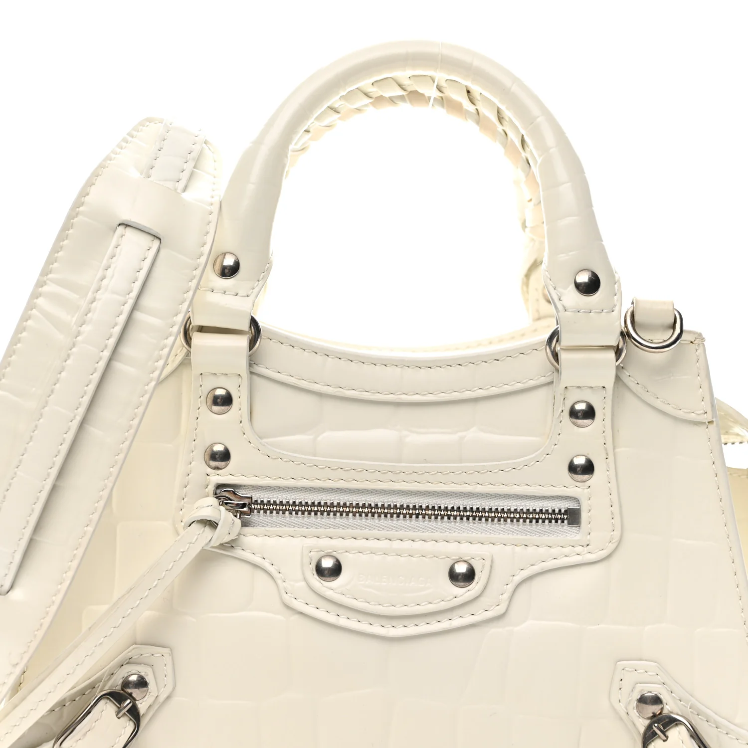 Semi Shiny Calfskin Crocodile Embossed Neo Classic Silver Hardware Mini City White