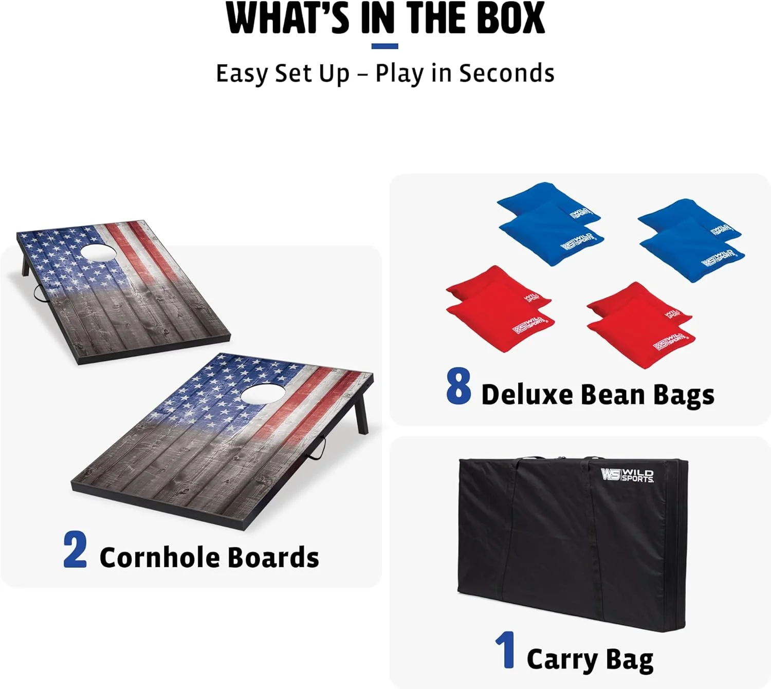 Wild Sports 2'X3' Cornhole Outdoor Game Set, USA Flag or Natural Wood Options with Carry Bag Included